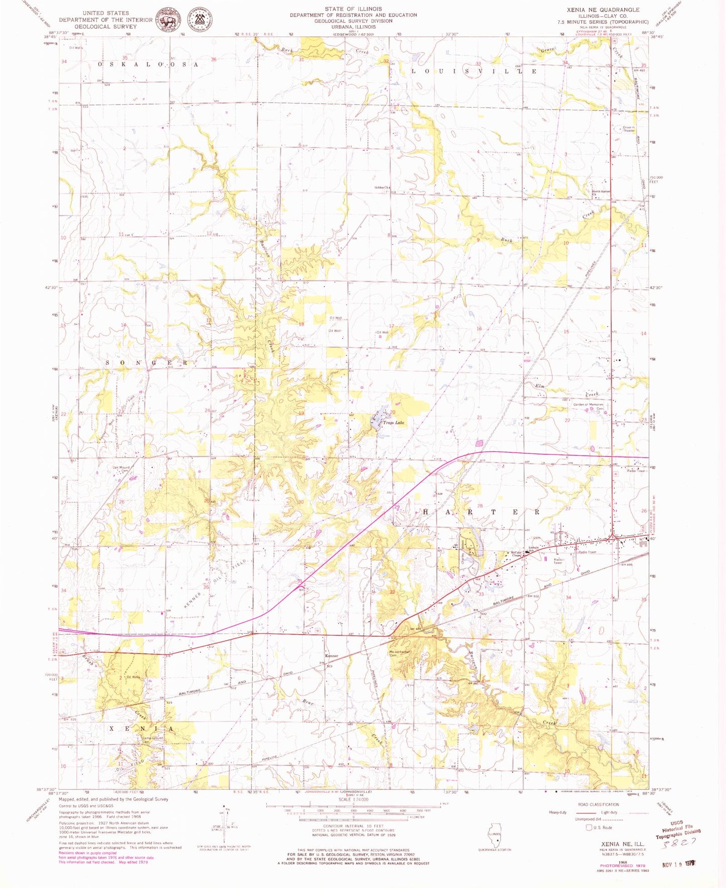 Classic USGS Xenia NE Illinois 7.5'x7.5' Topo Map Image