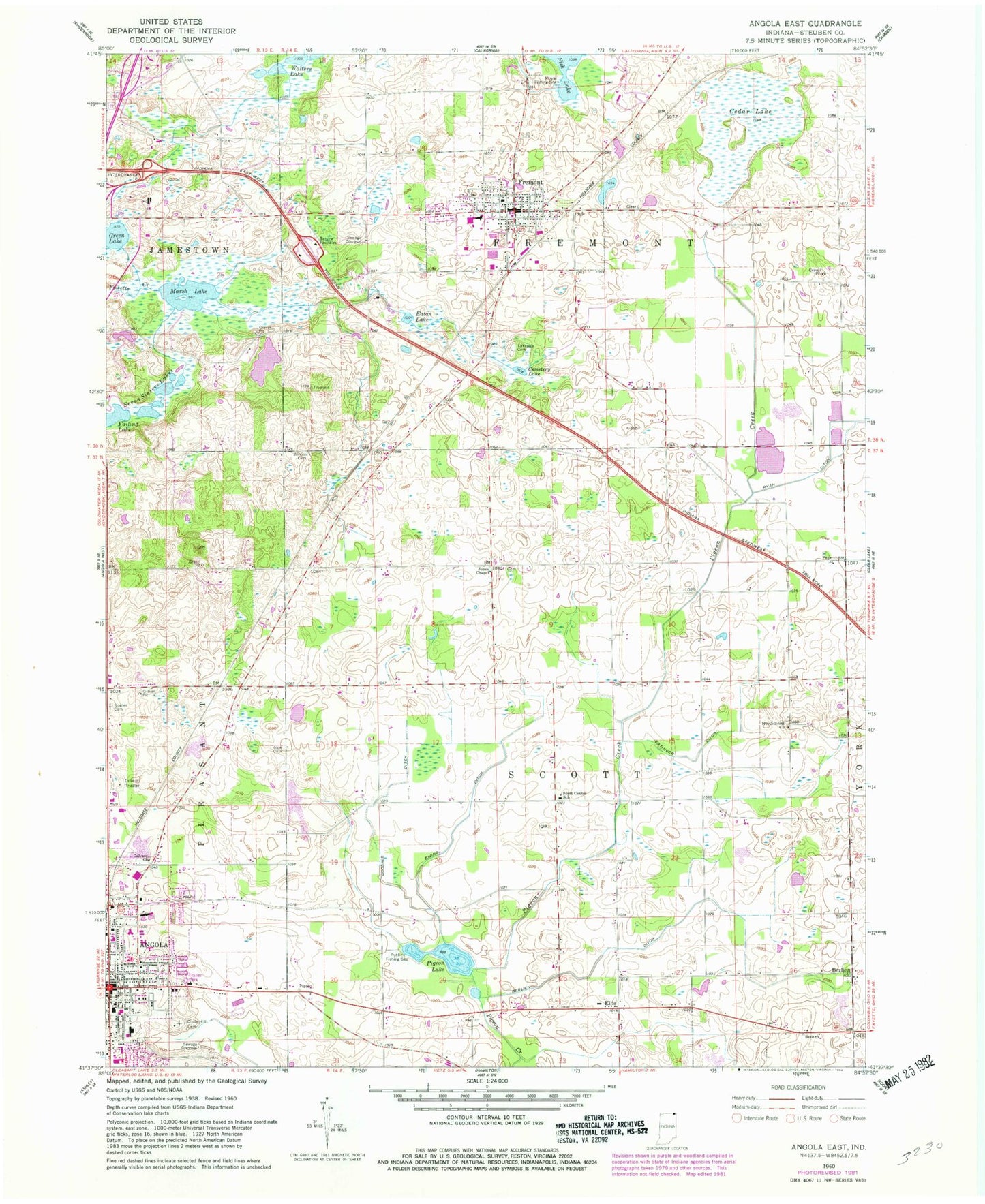 Classic USGS Angola East Indiana 7.5'x7.5' Topo Map Image