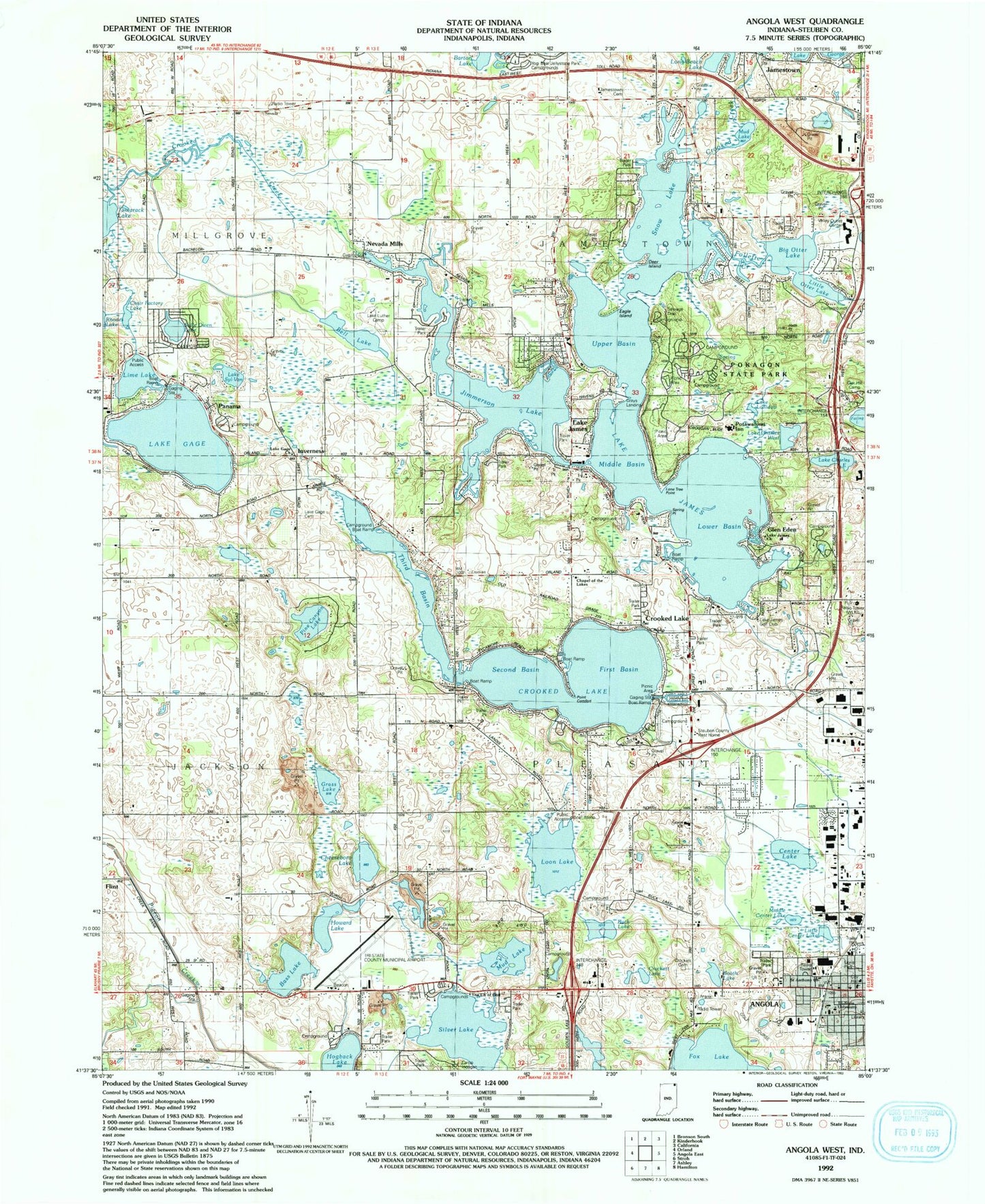 Classic USGS Angola West Indiana 7.5'x7.5' Topo Map Image