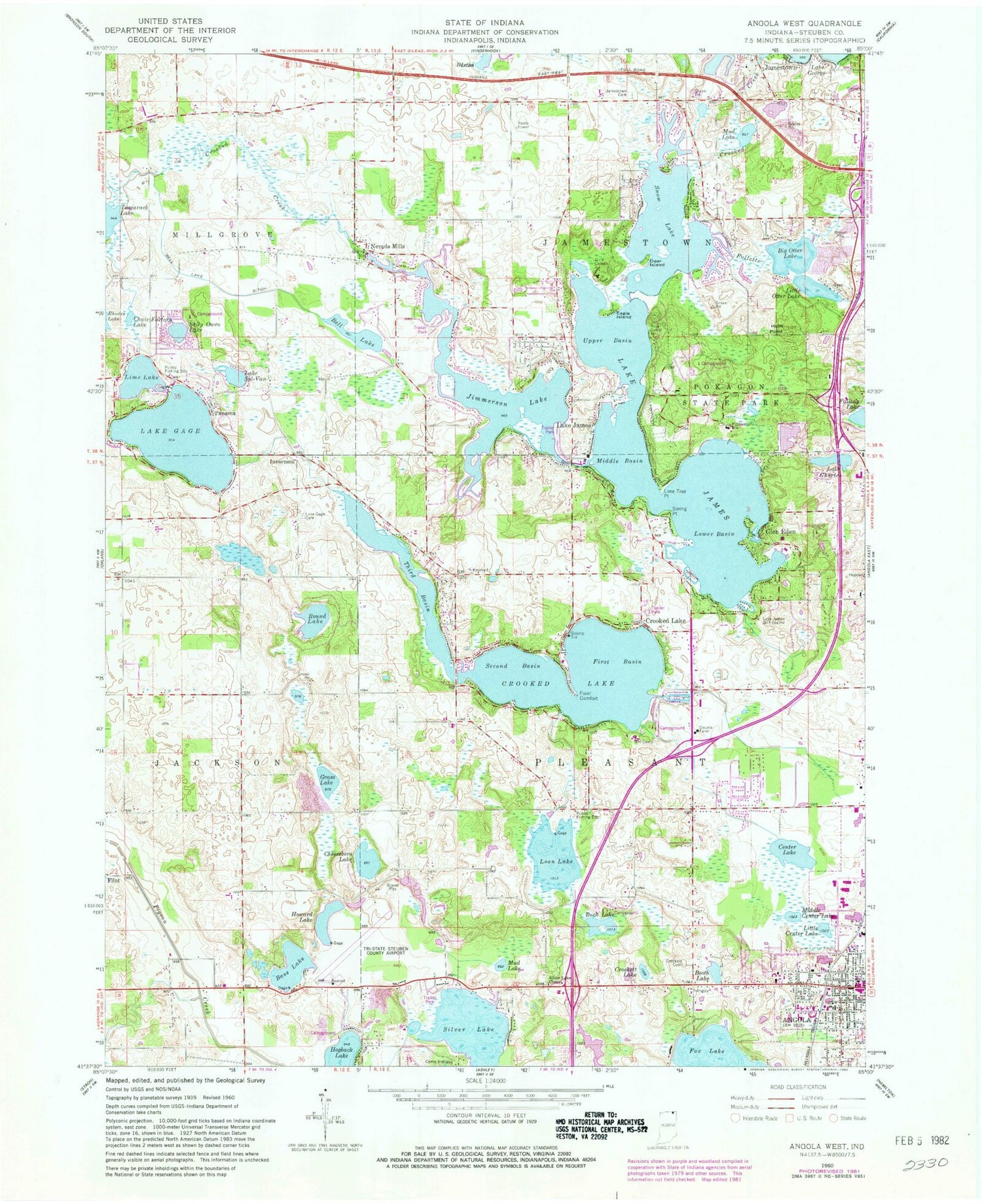 Classic USGS Angola West Indiana 7.5'x7.5' Topo Map Image