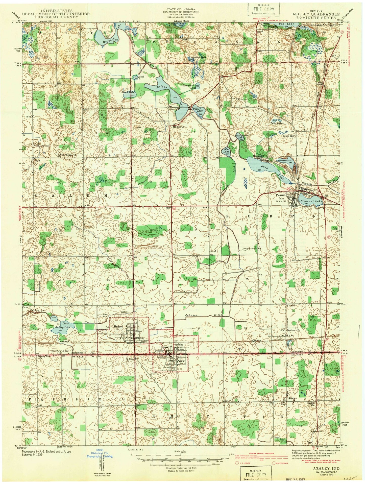 Classic USGS Ashley Indiana 7.5'x7.5' Topo Map Image