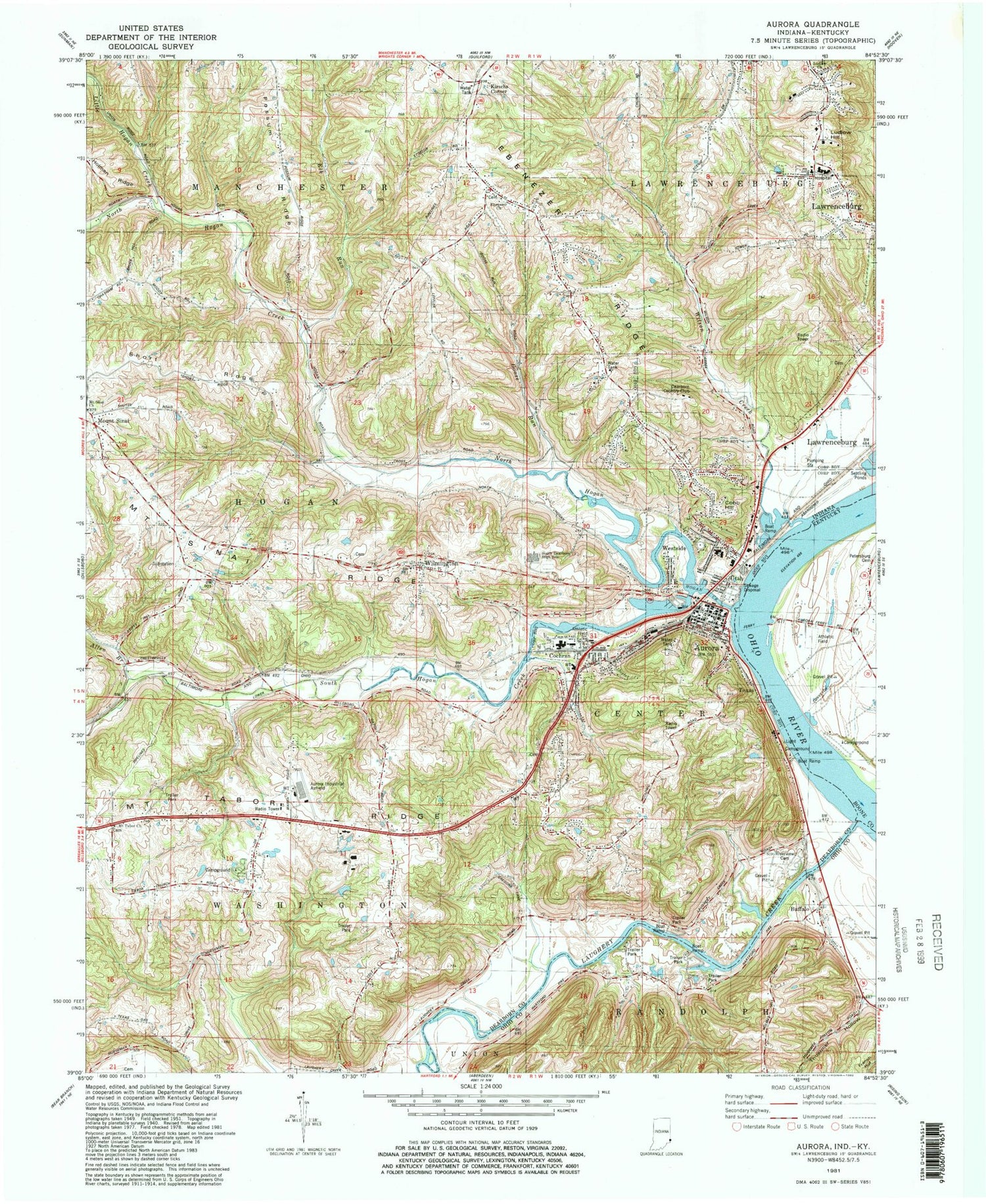Classic USGS Aurora Indiana 7.5'x7.5' Topo Map Image