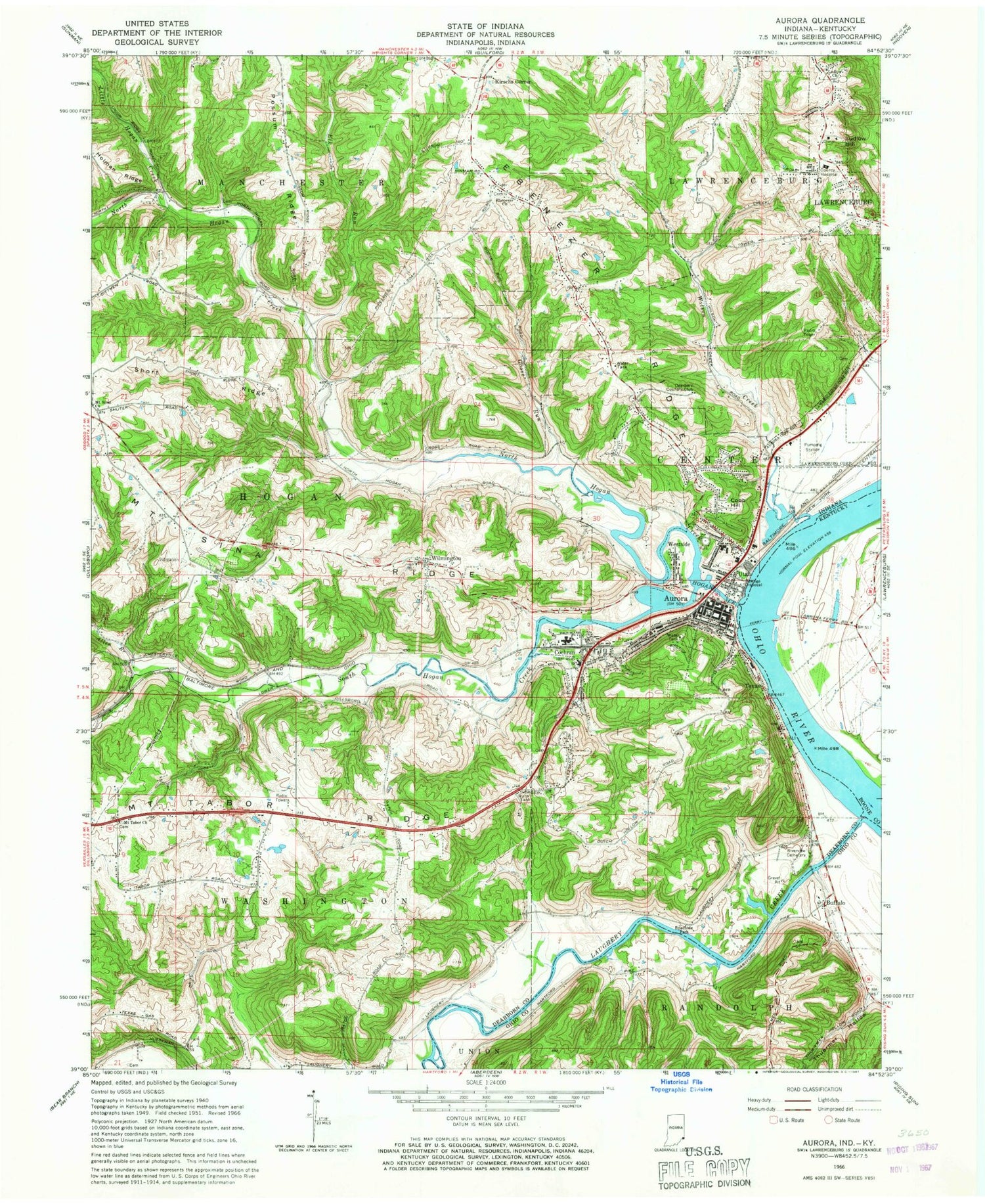 Classic USGS Aurora Indiana 7.5'x7.5' Topo Map Image