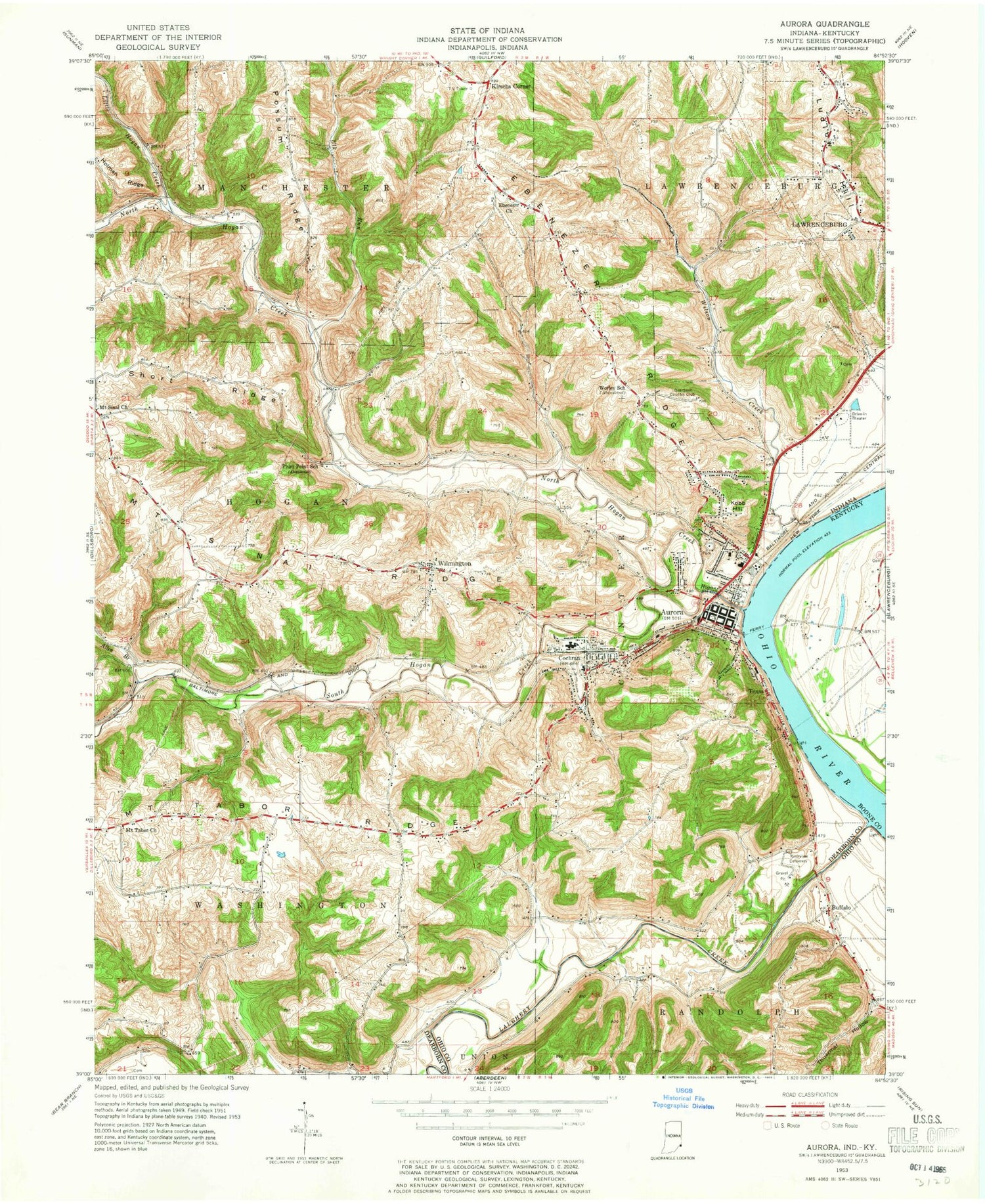 Classic USGS Aurora Indiana 7.5'x7.5' Topo Map Image