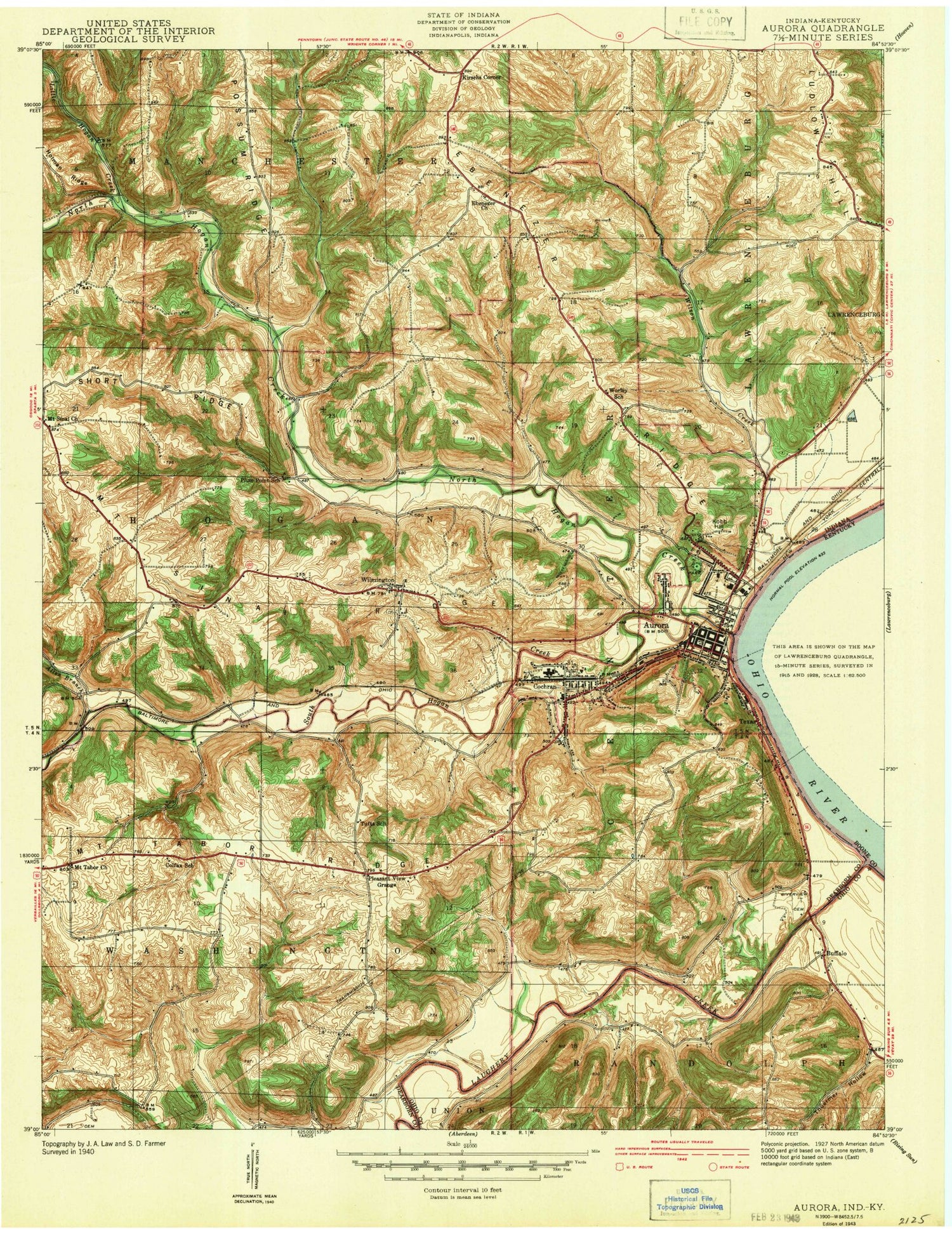 Classic USGS Aurora Indiana 7.5'x7.5' Topo Map Image