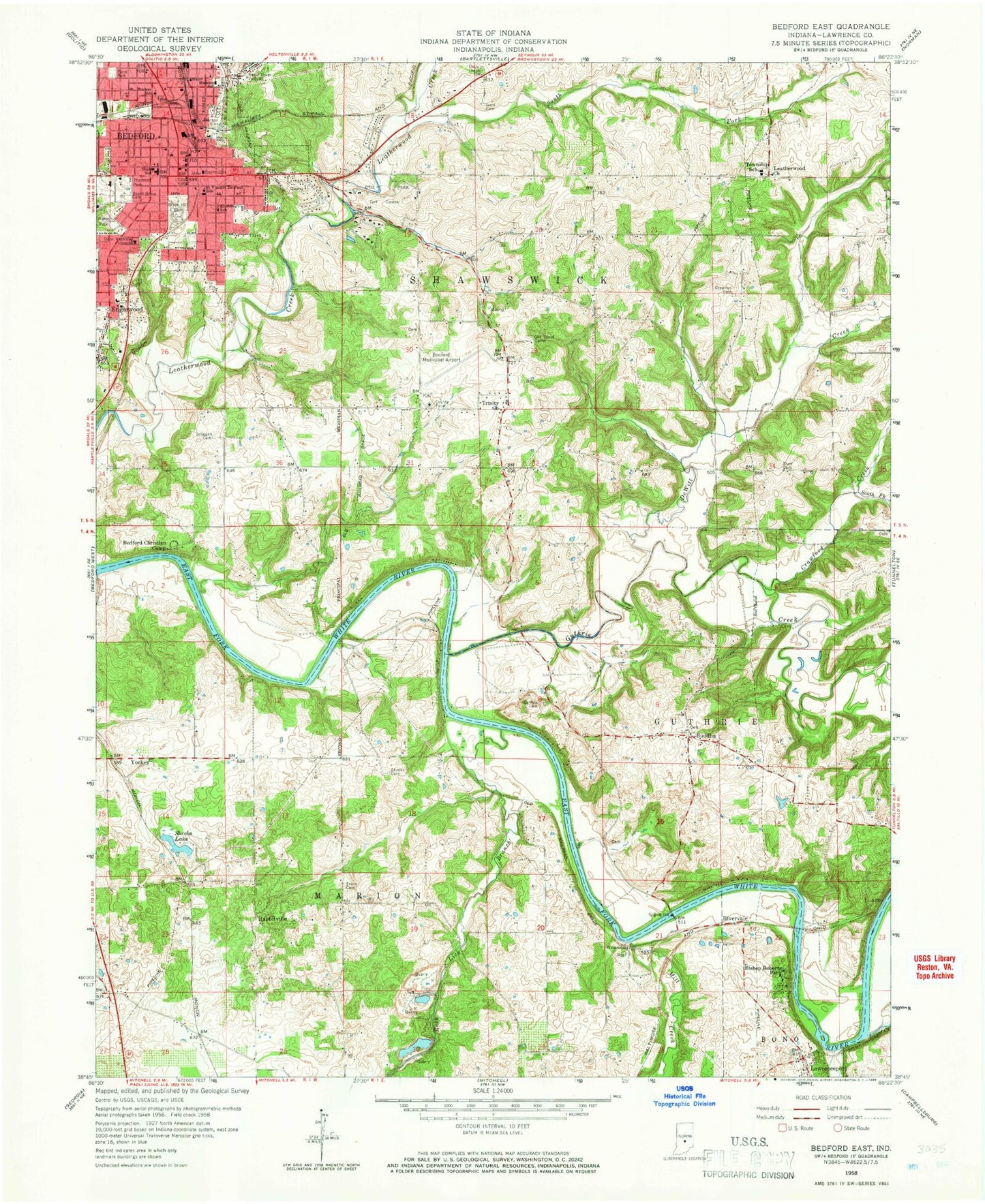 Classic USGS Bedford East Indiana 7.5'x7.5' Topo Map Image