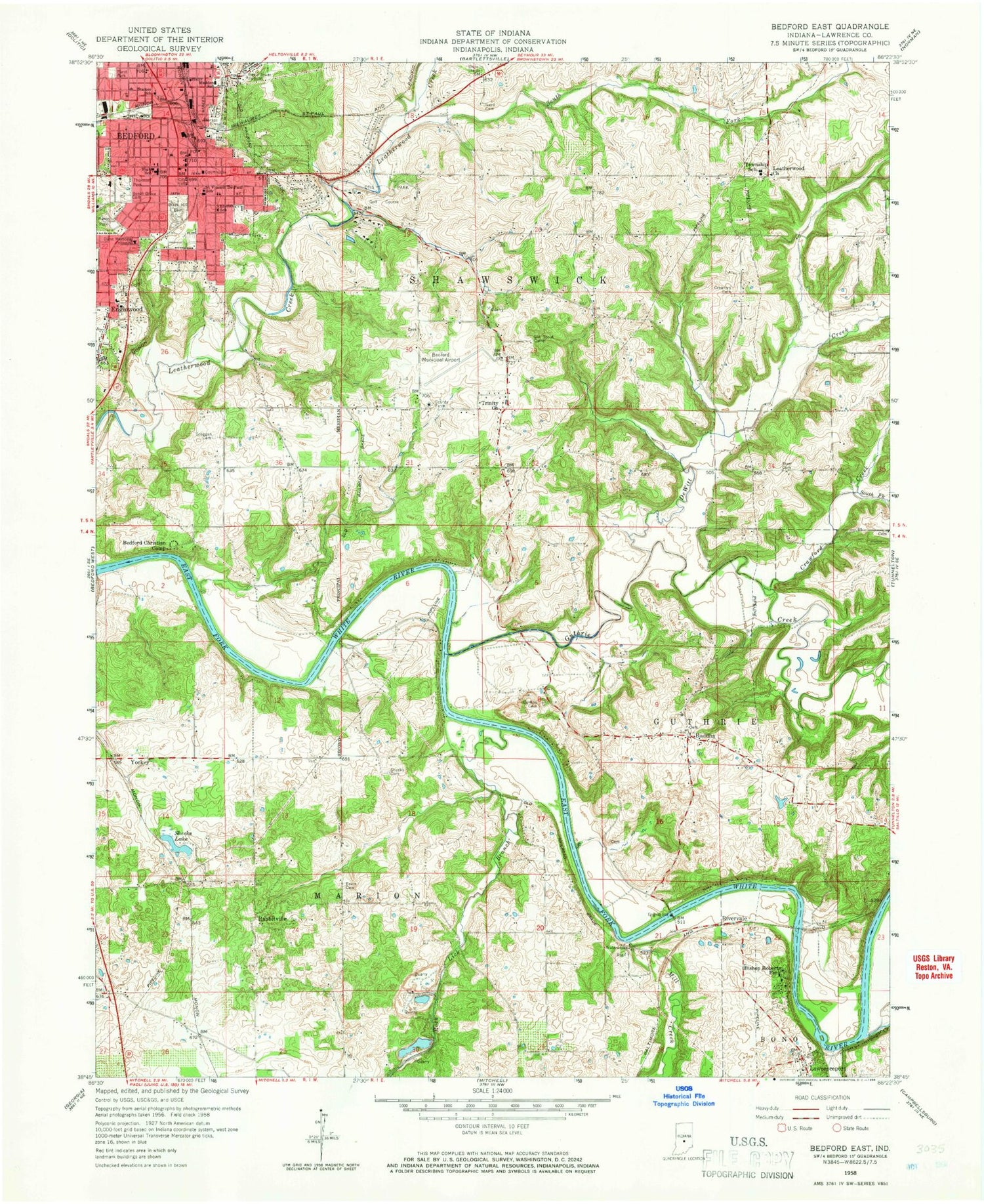 Classic USGS Bedford East Indiana 7.5'x7.5' Topo Map Image