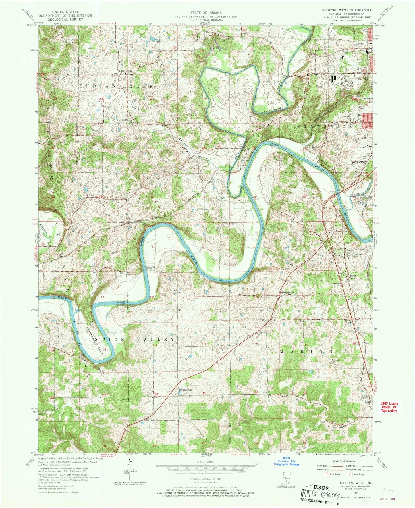 Classic USGS Bedford West Indiana 7.5'x7.5' Topo Map Image