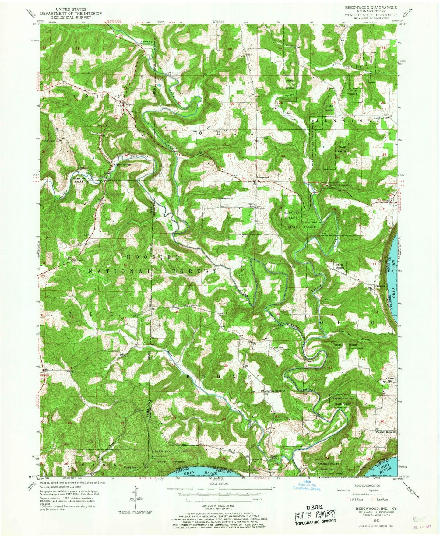 Classic USGS Beechwood Indiana 7.5'x7.5' Topo Map Image