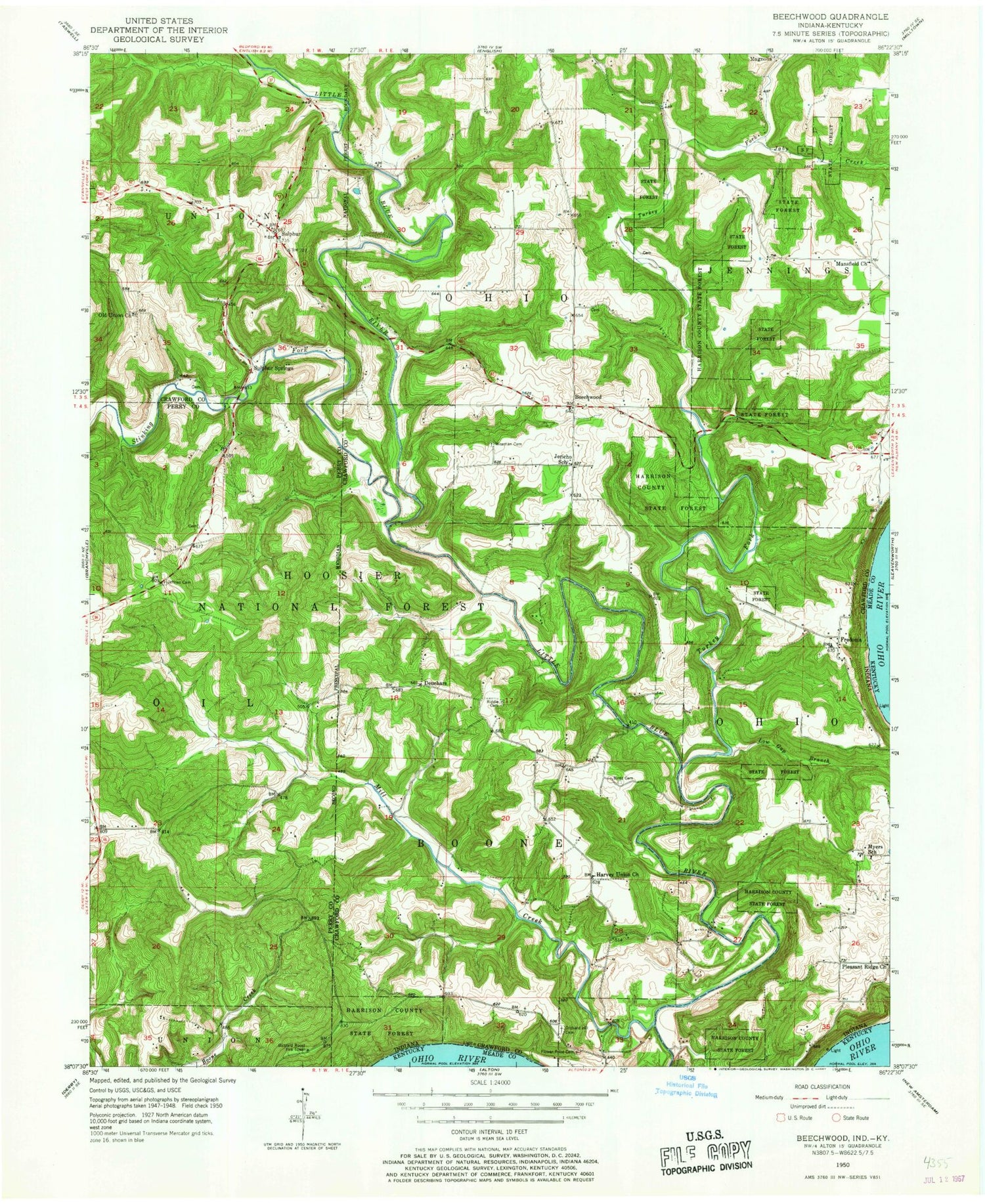 Classic USGS Beechwood Indiana 7.5'x7.5' Topo Map Image