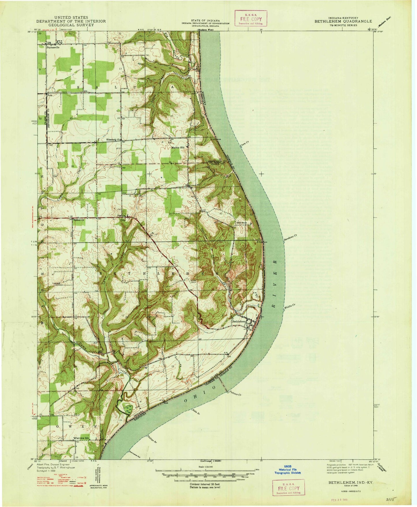 Classic USGS Bethlehem Indiana 7.5'x7.5' Topo Map Image