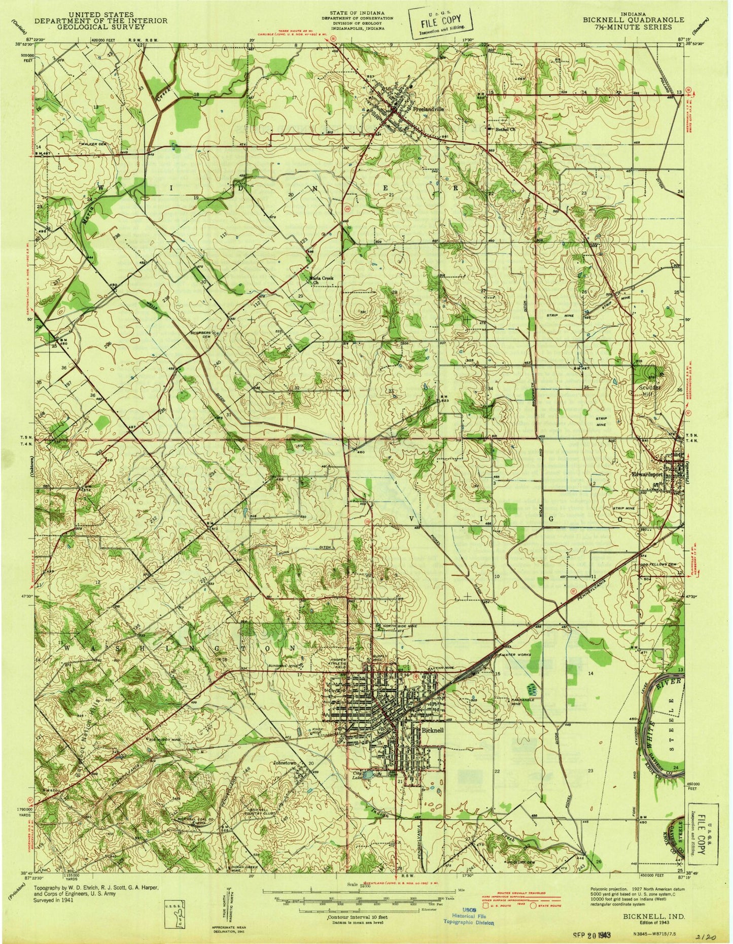 Classic USGS Bicknell Indiana 7.5'x7.5' Topo Map Image