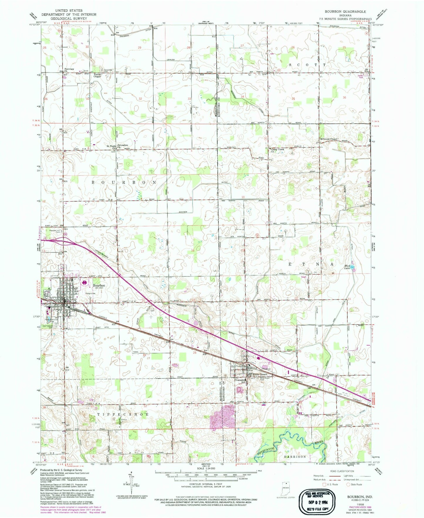 Classic USGS Bourbon Indiana 7.5'x7.5' Topo Map Image