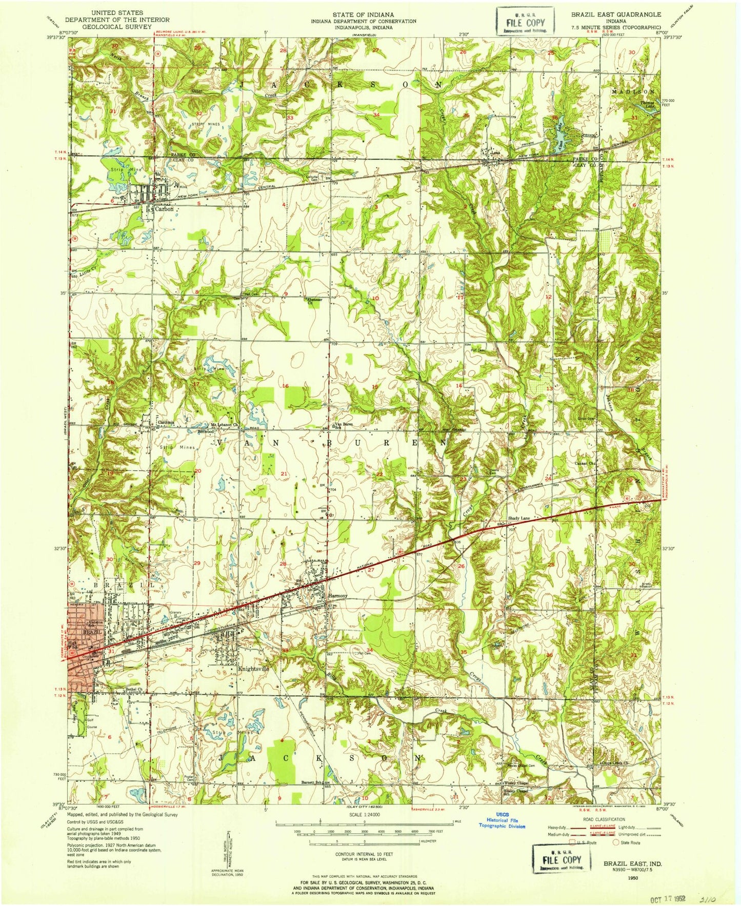 Classic USGS Brazil East Indiana 7.5'x7.5' Topo Map Image