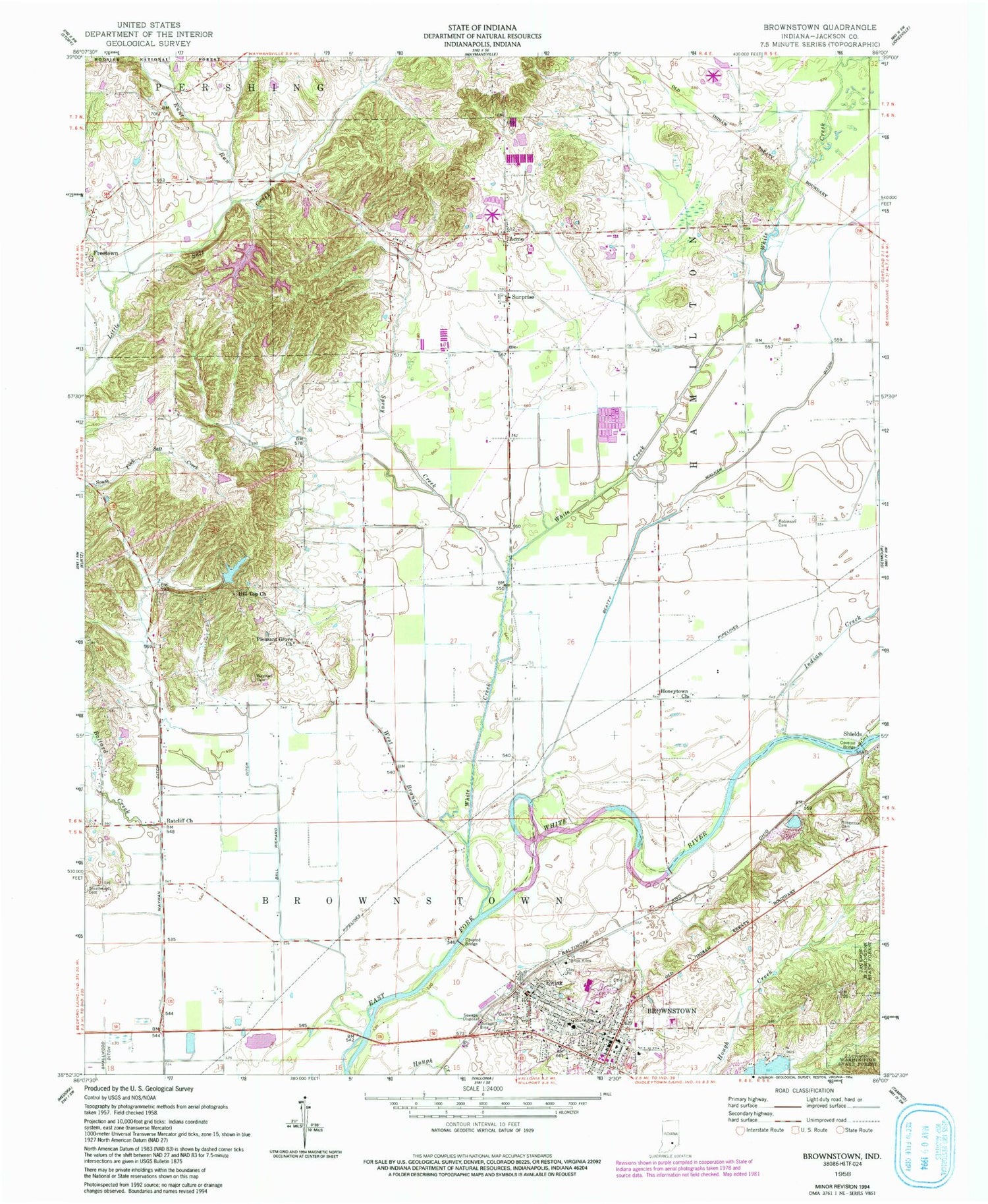 Classic USGS Brownstown Indiana 7.5'x7.5' Topo Map Image