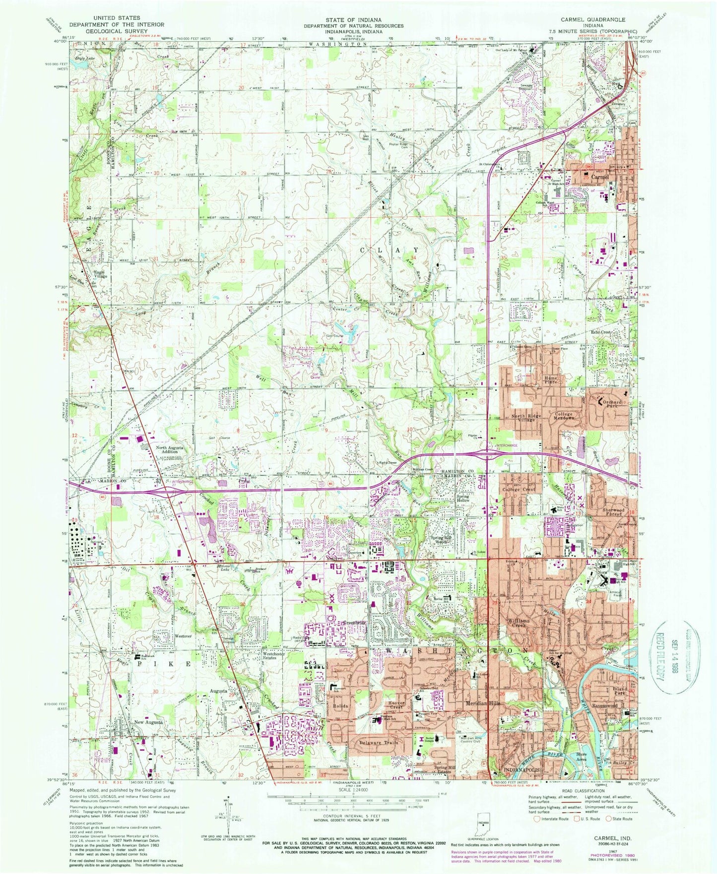 Classic USGS Carmel Indiana 7.5'x7.5' Topo Map Image