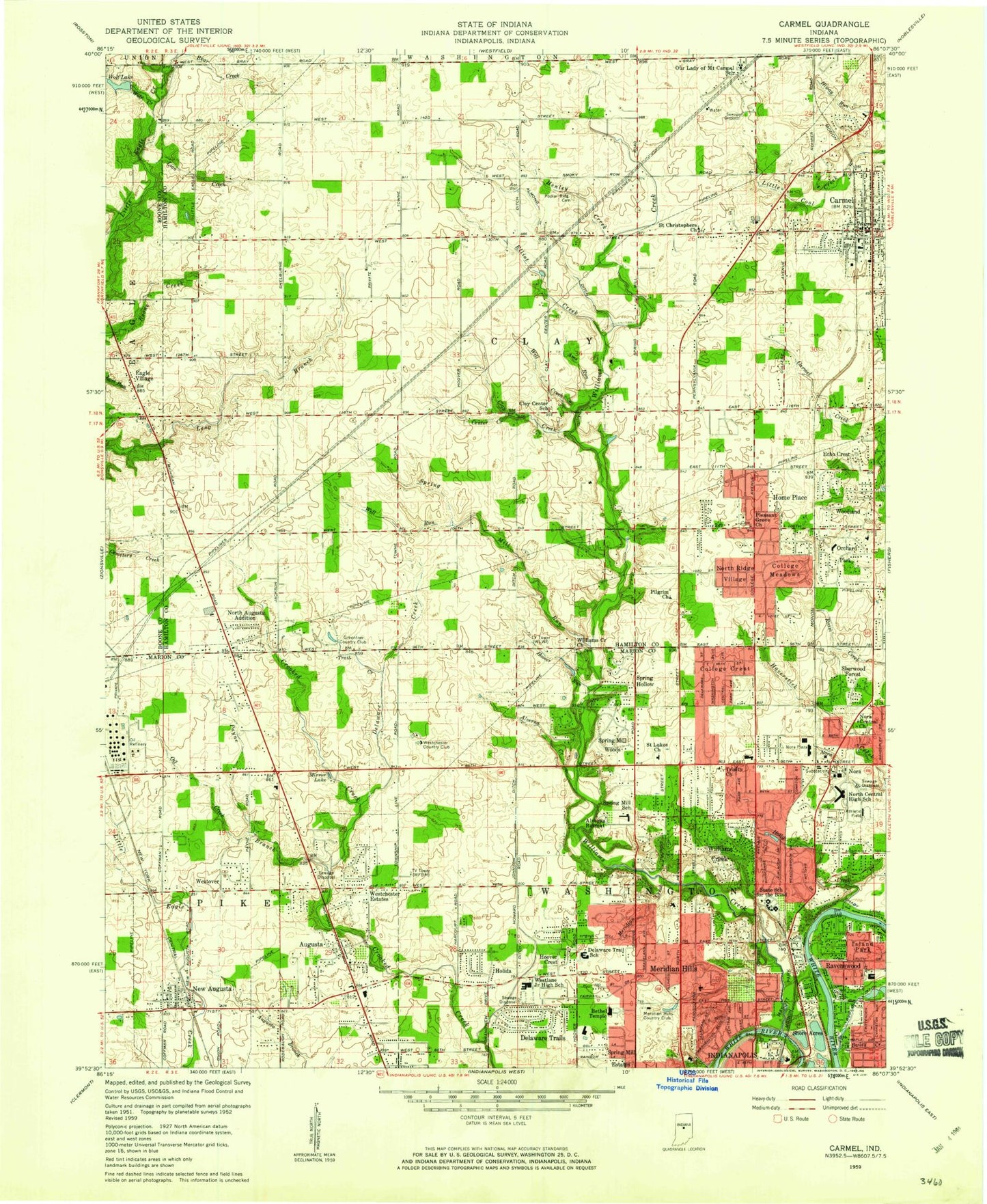 Classic USGS Carmel Indiana 7.5'x7.5' Topo Map Image