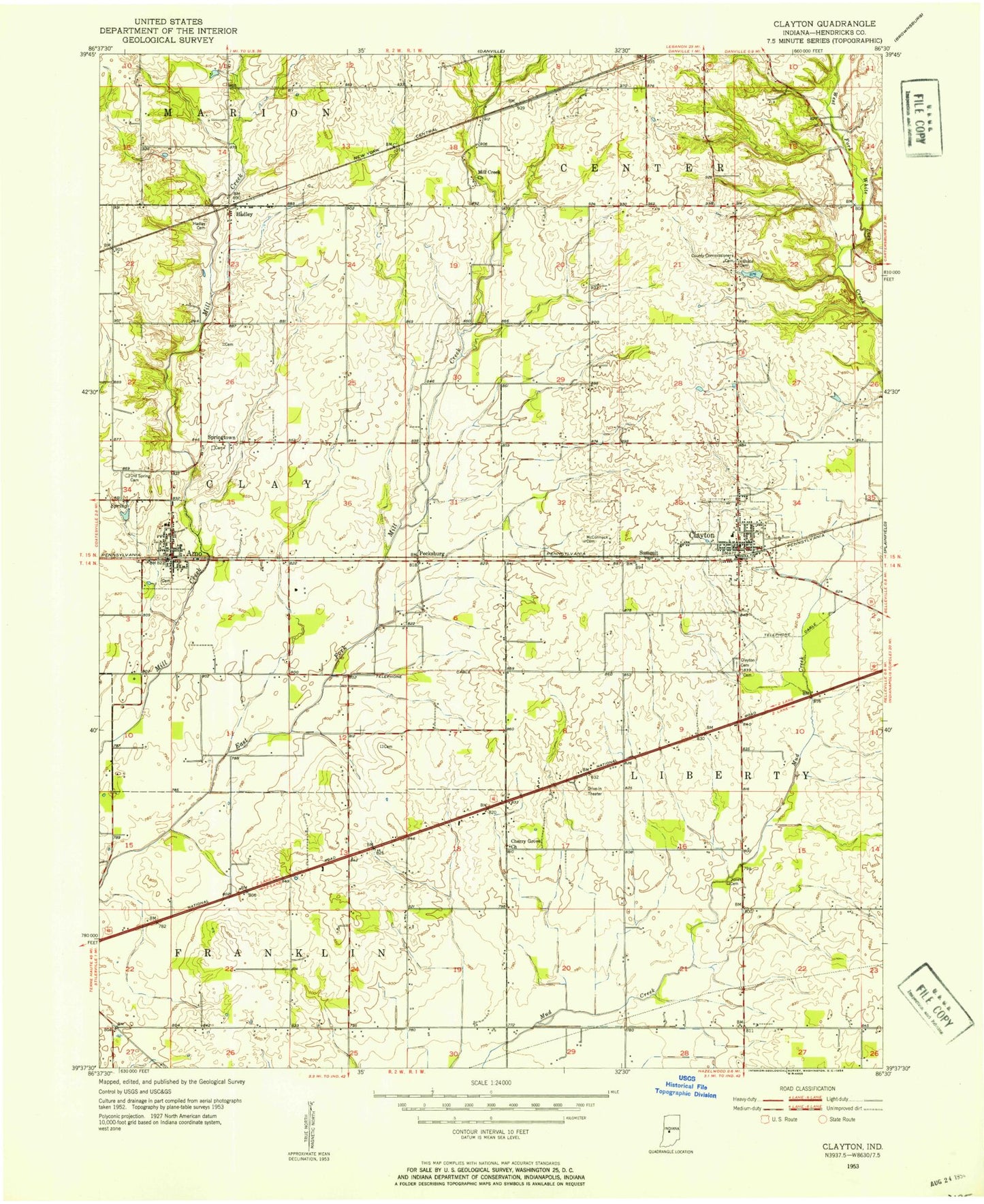 Classic USGS Clayton Indiana 7.5'x7.5' Topo Map Image
