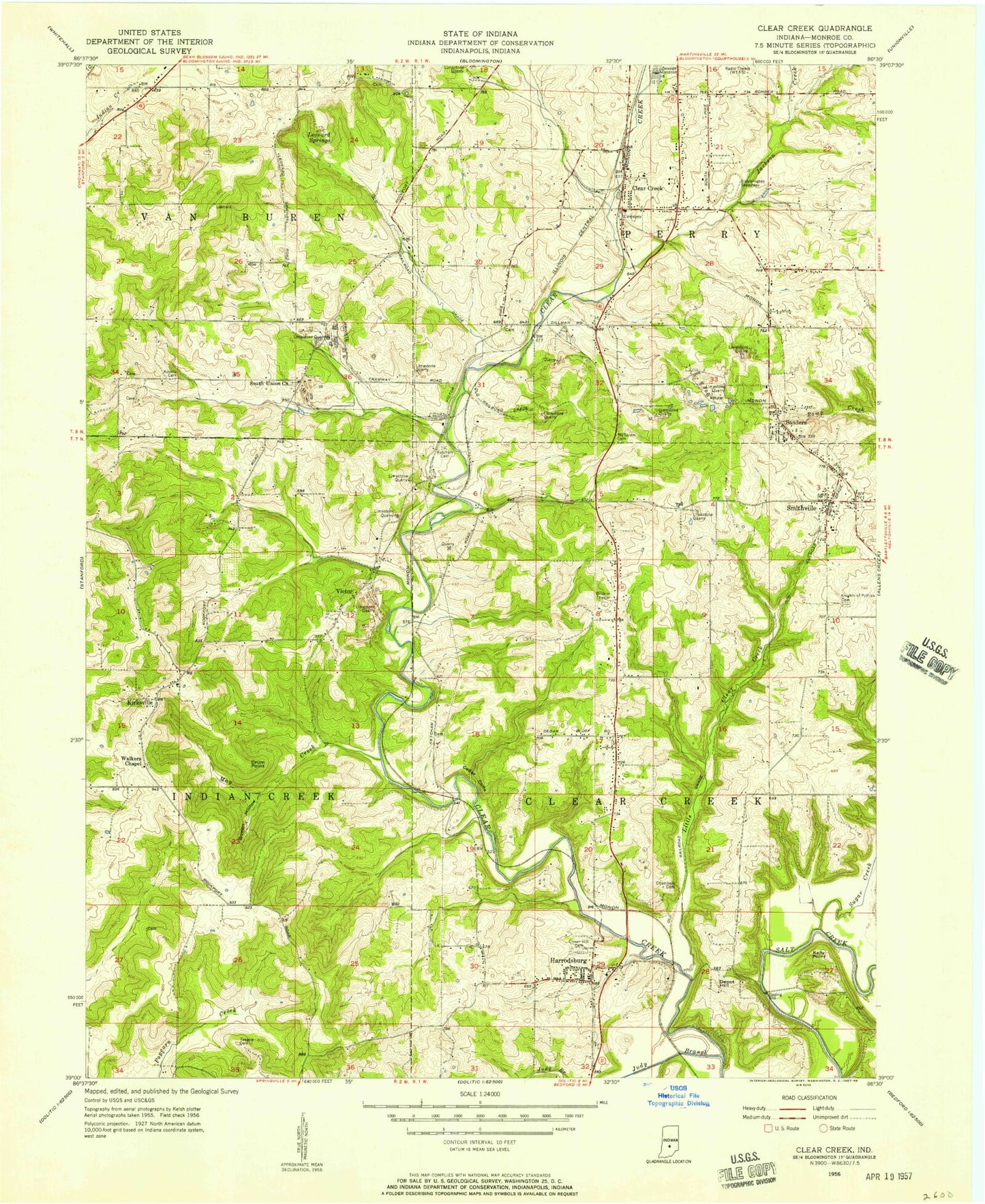 Classic USGS Clear Creek Indiana 7.5'x7.5' Topo Map Image