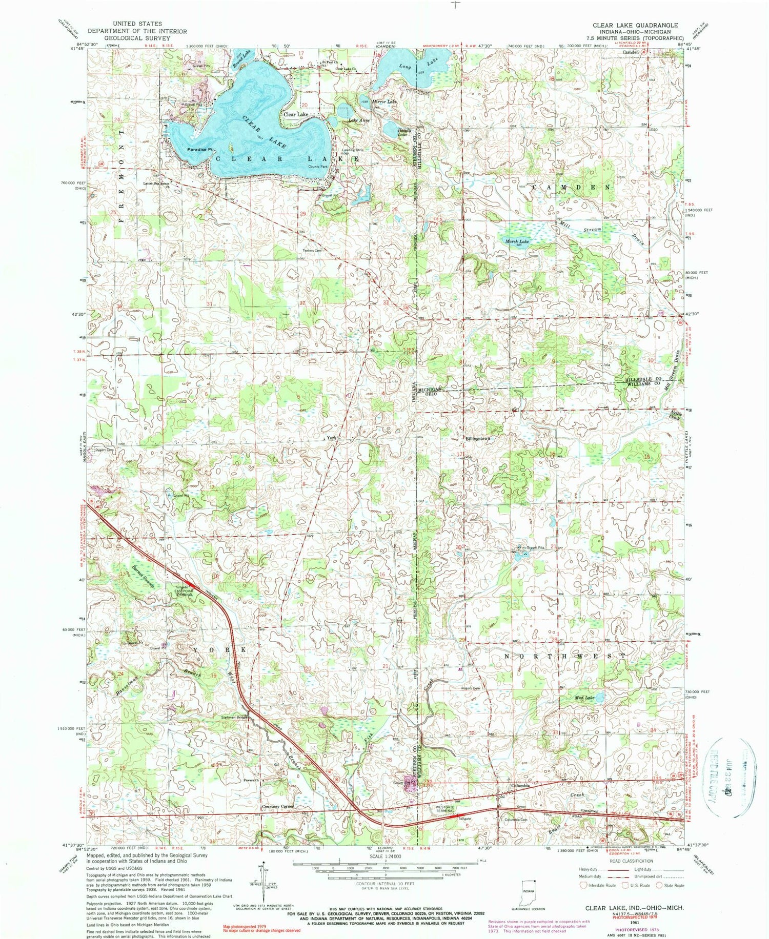 Classic USGS Clear Lake Indiana 7.5'x7.5' Topo Map Image