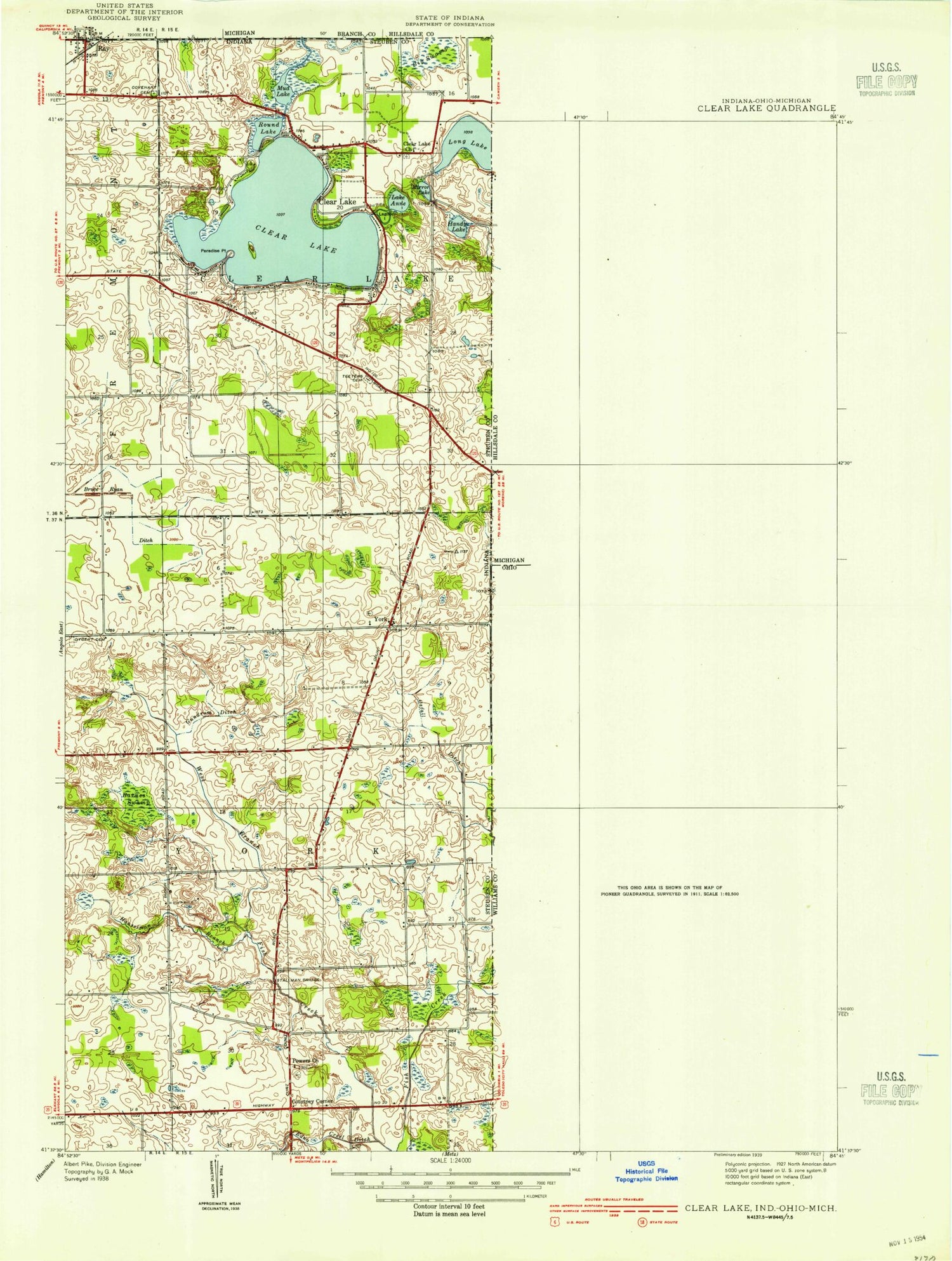 Classic USGS Clear Lake Indiana 7.5'x7.5' Topo Map Image