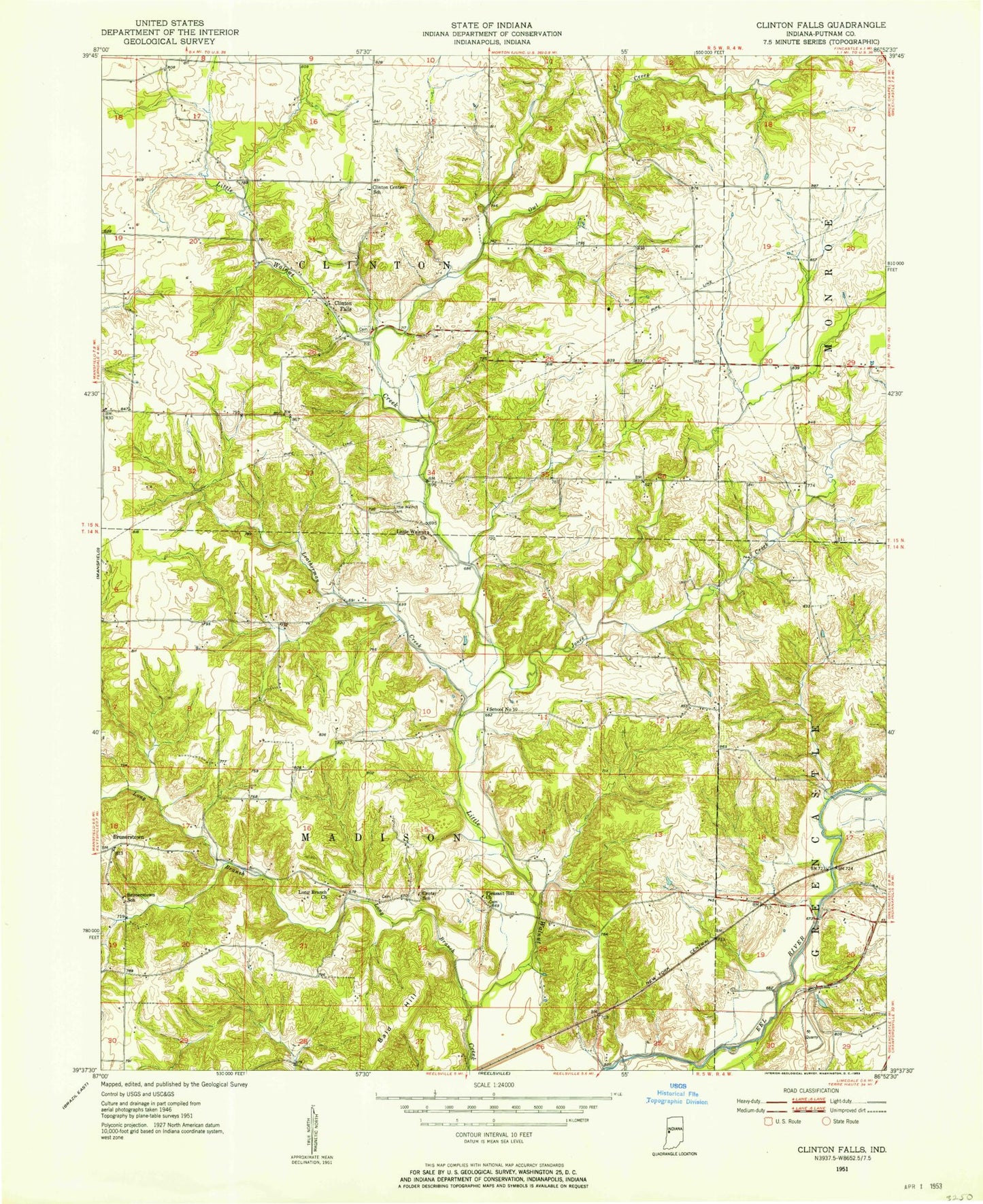 Classic USGS Clinton Falls Indiana 7.5'x7.5' Topo Map Image