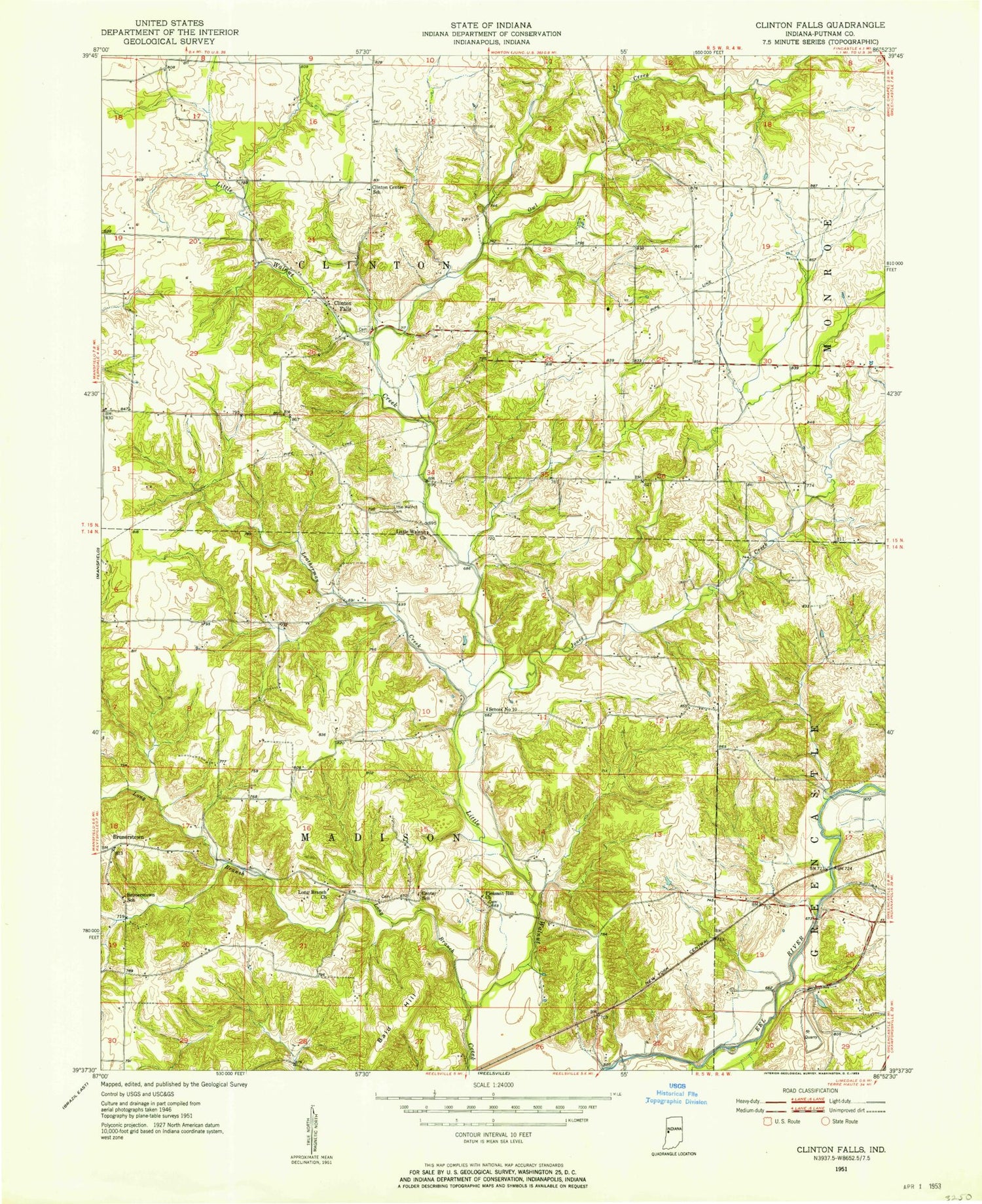 Classic USGS Clinton Falls Indiana 7.5'x7.5' Topo Map Image