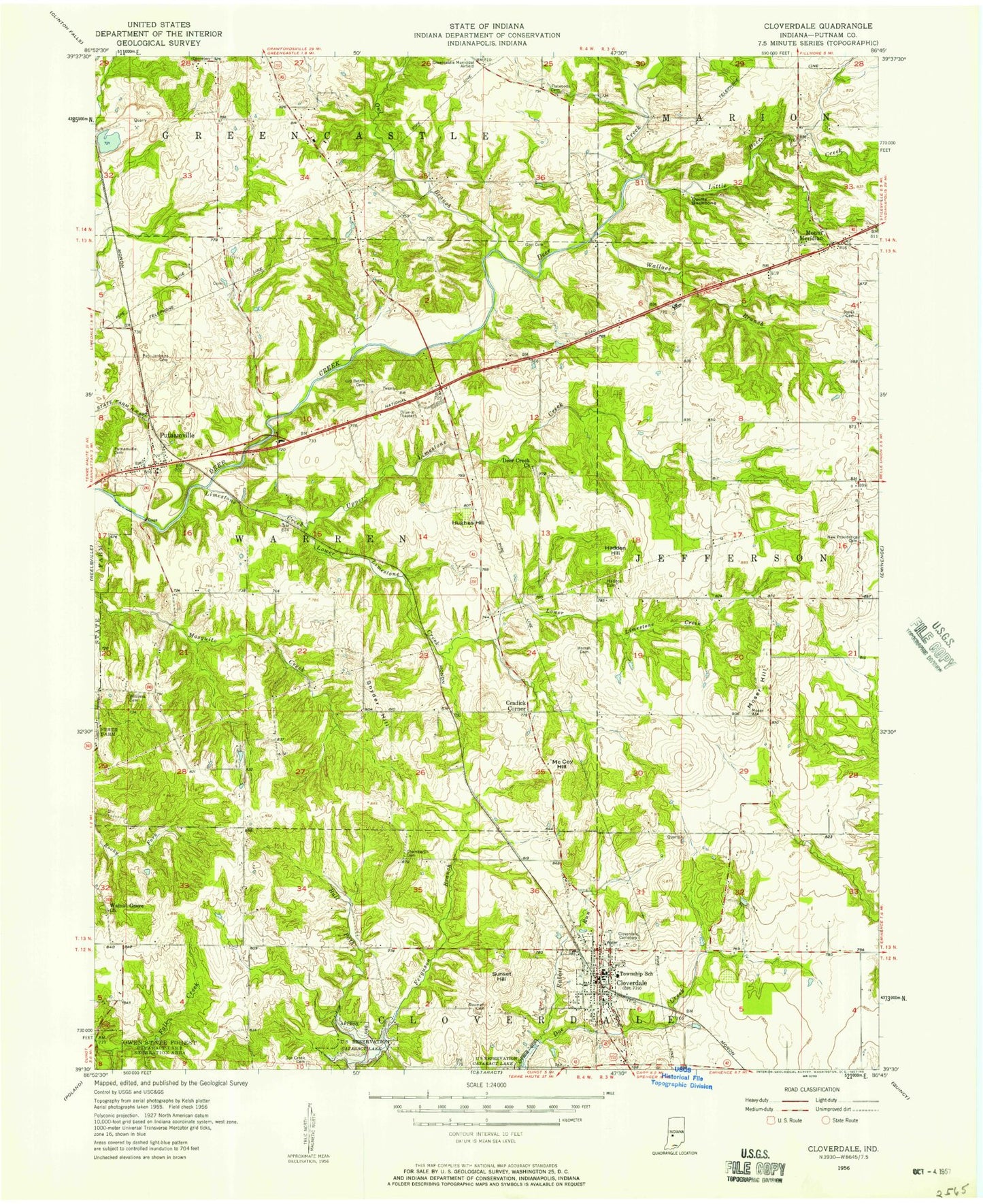 Classic USGS Cloverdale Indiana 7.5'x7.5' Topo Map Image