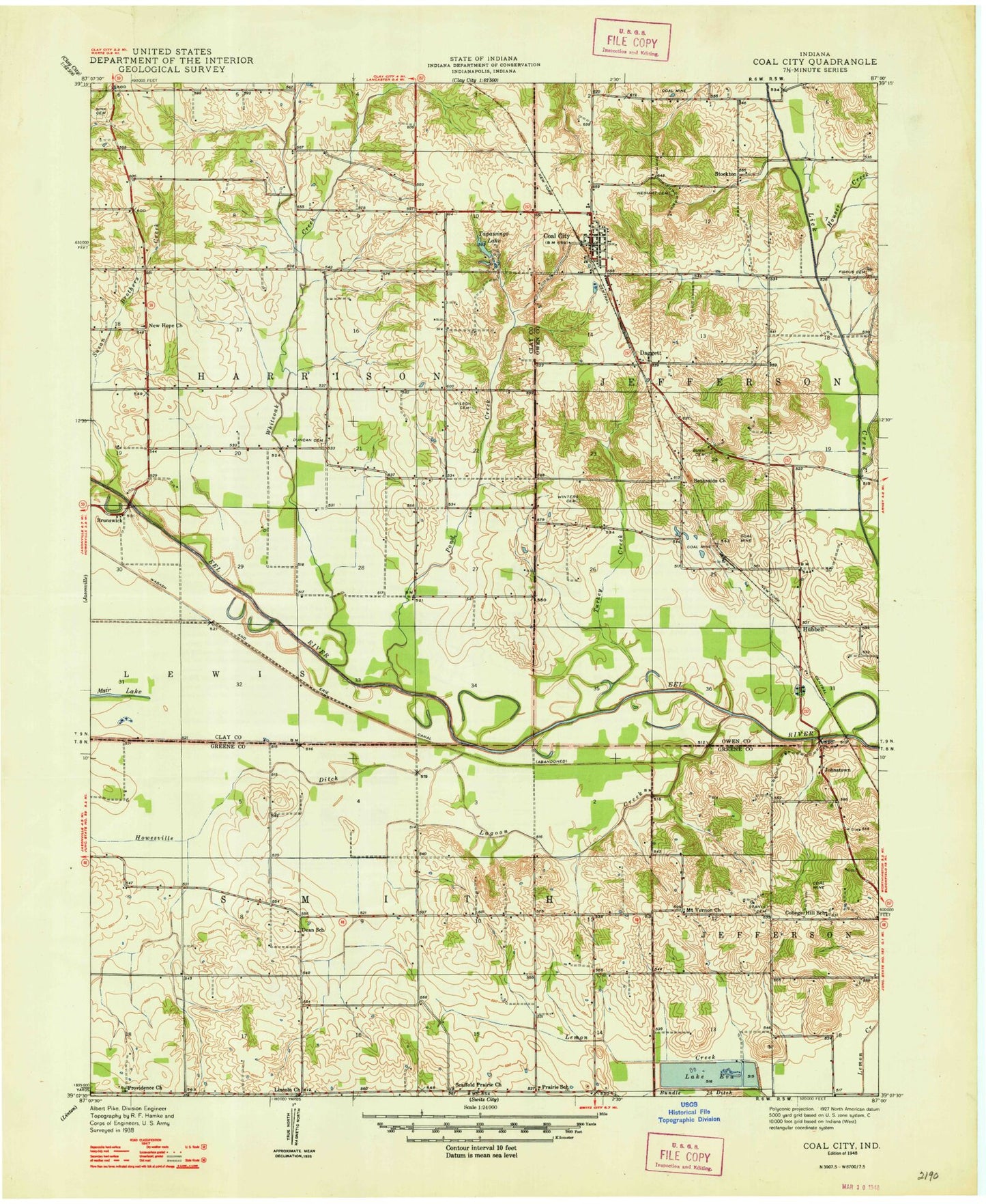 Classic USGS Coal City Indiana 7.5'x7.5' Topo Map Image