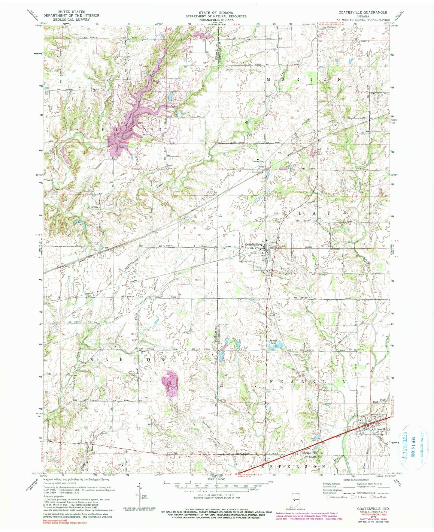 Classic USGS Coatesville Indiana 7.5'x7.5' Topo Map Image