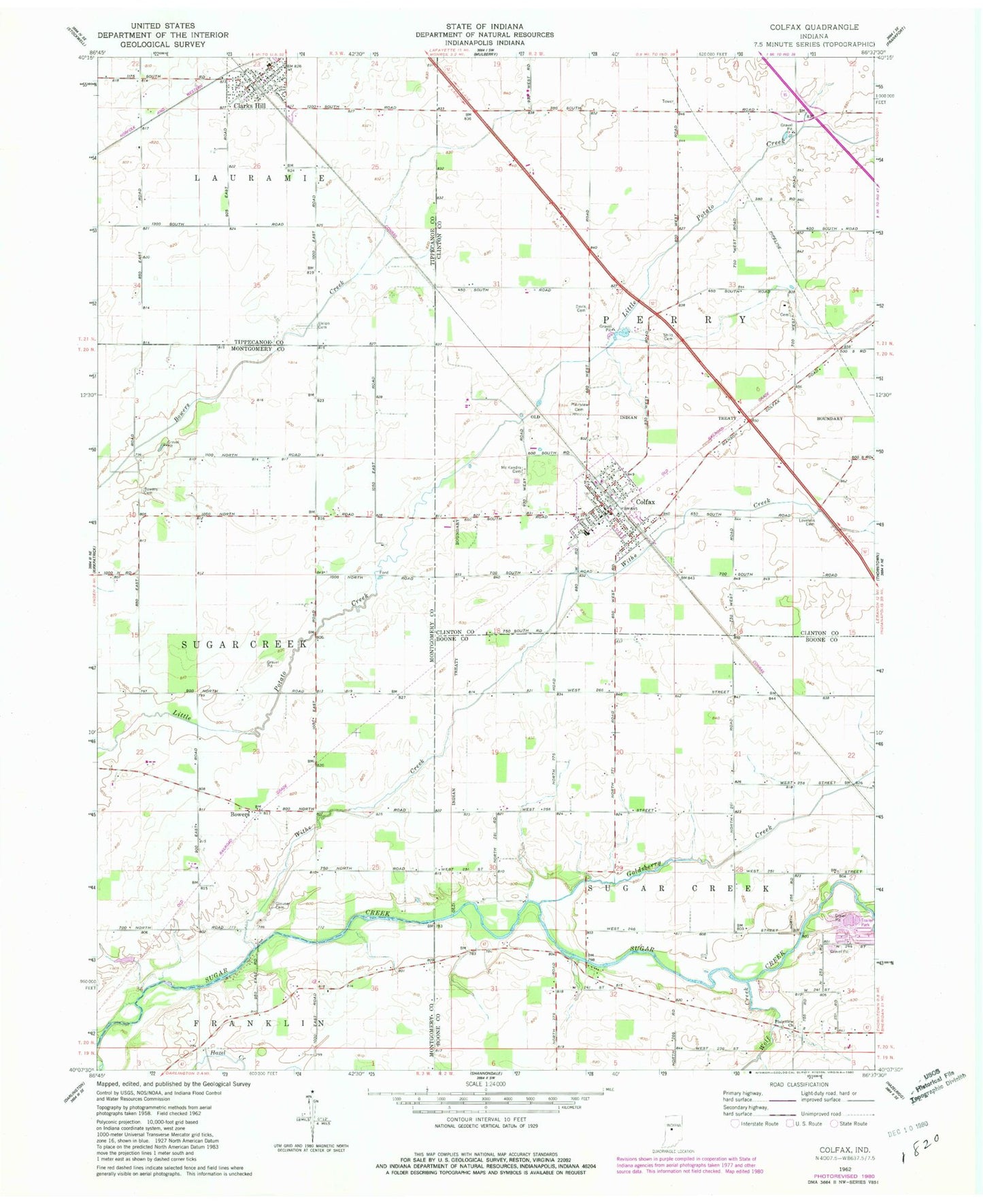Classic USGS Colfax Indiana 7.5'x7.5' Topo Map Image