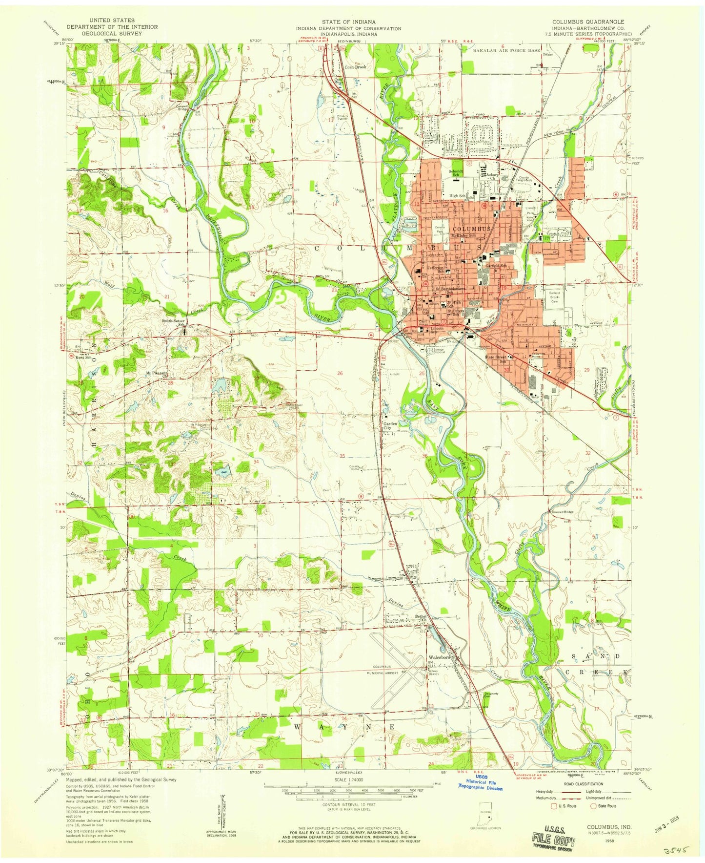 Classic USGS Columbus Indiana 7.5'x7.5' Topo Map Image