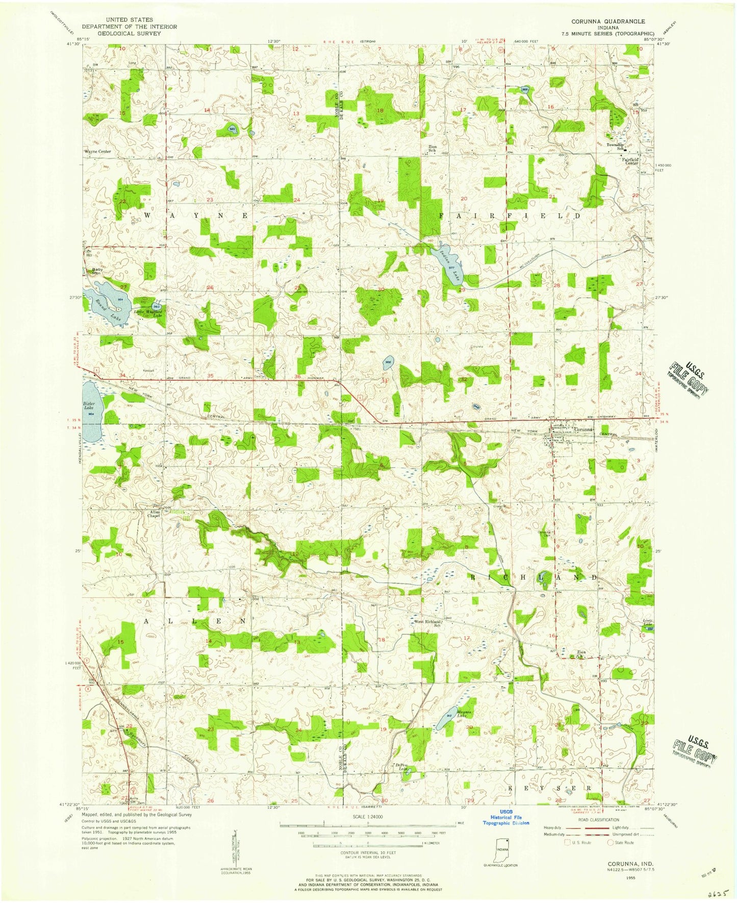 Classic USGS Corunna Indiana 7.5'x7.5' Topo Map Image