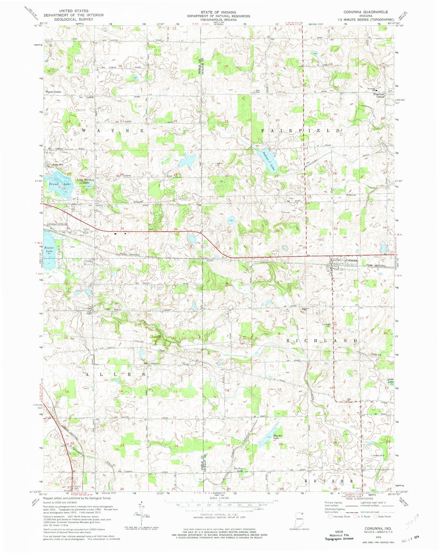 Classic USGS Corunna Indiana 7.5'x7.5' Topo Map Image