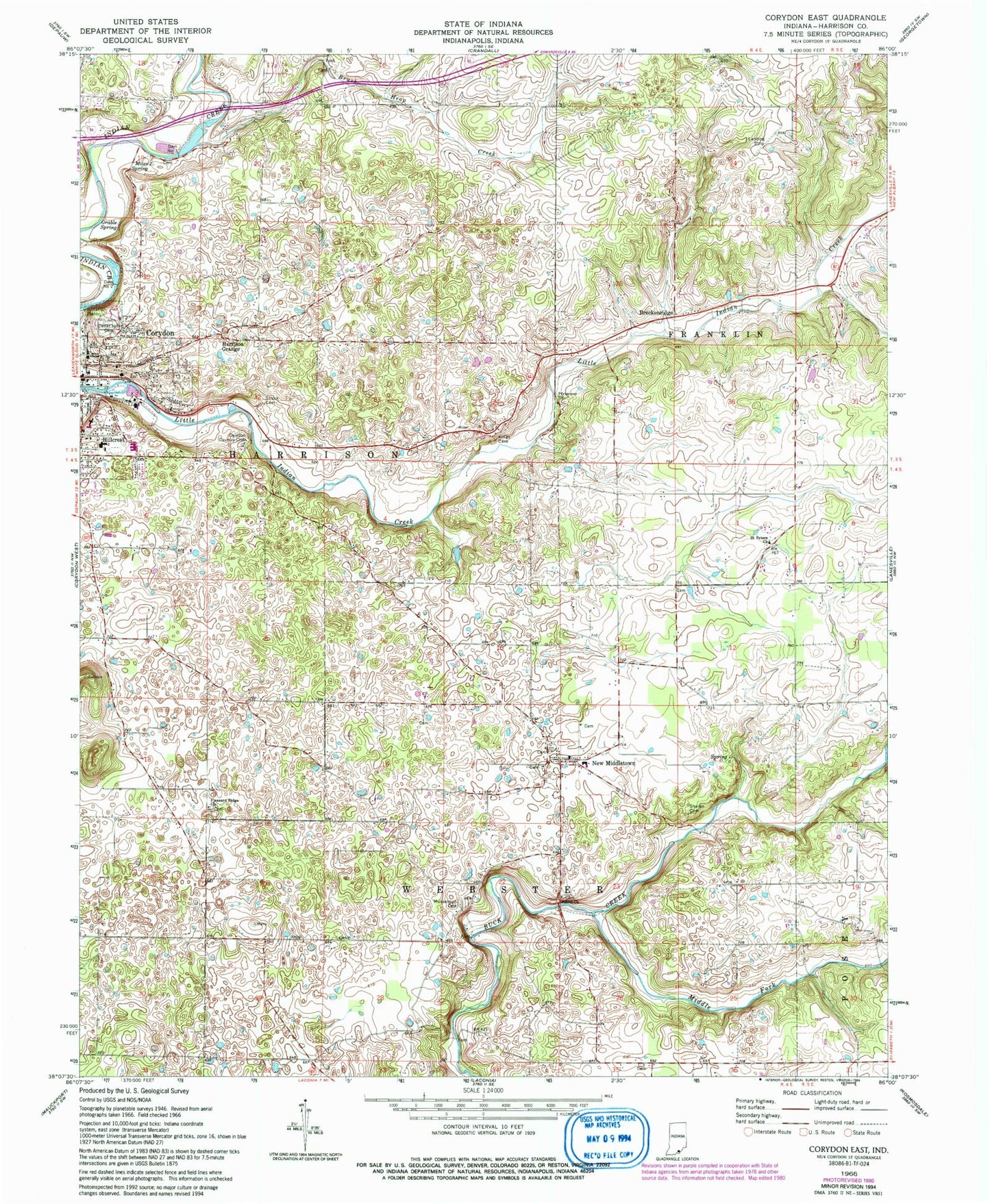 Classic USGS Corydon East Indiana 7.5'x7.5' Topo Map Image