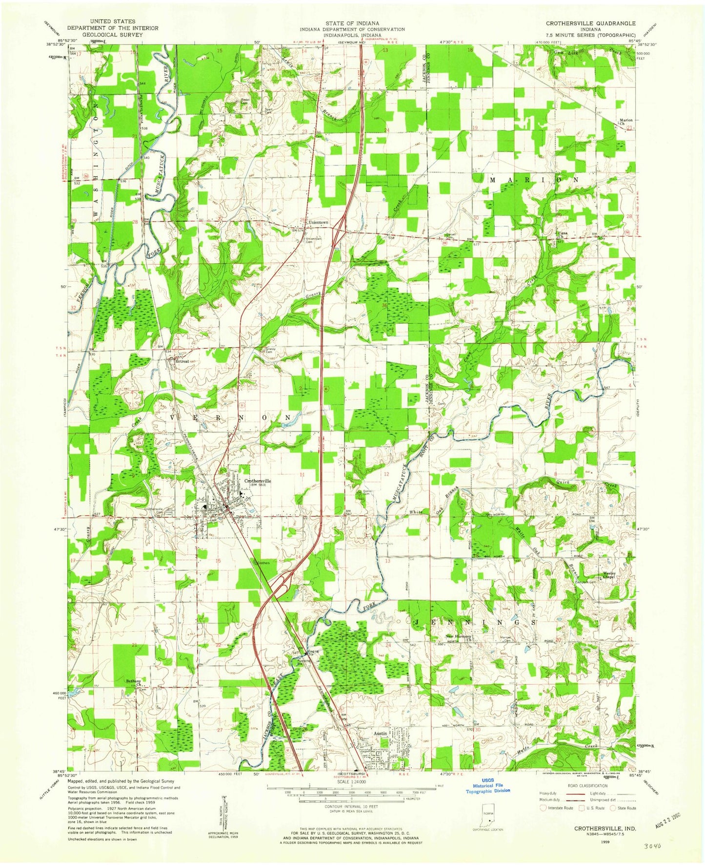 Classic USGS Crothersville Indiana 7.5'x7.5' Topo Map Image