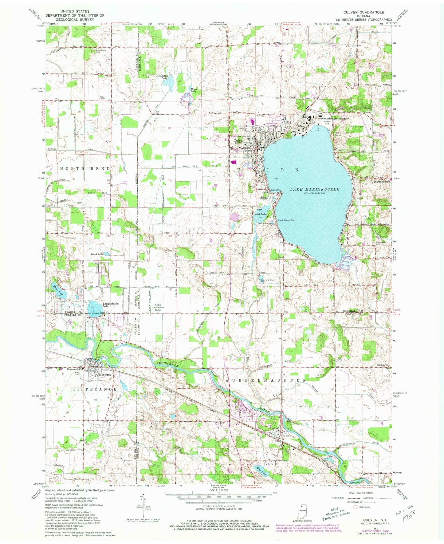 Classic USGS Culver Indiana 7.5'x7.5' Topo Map Image