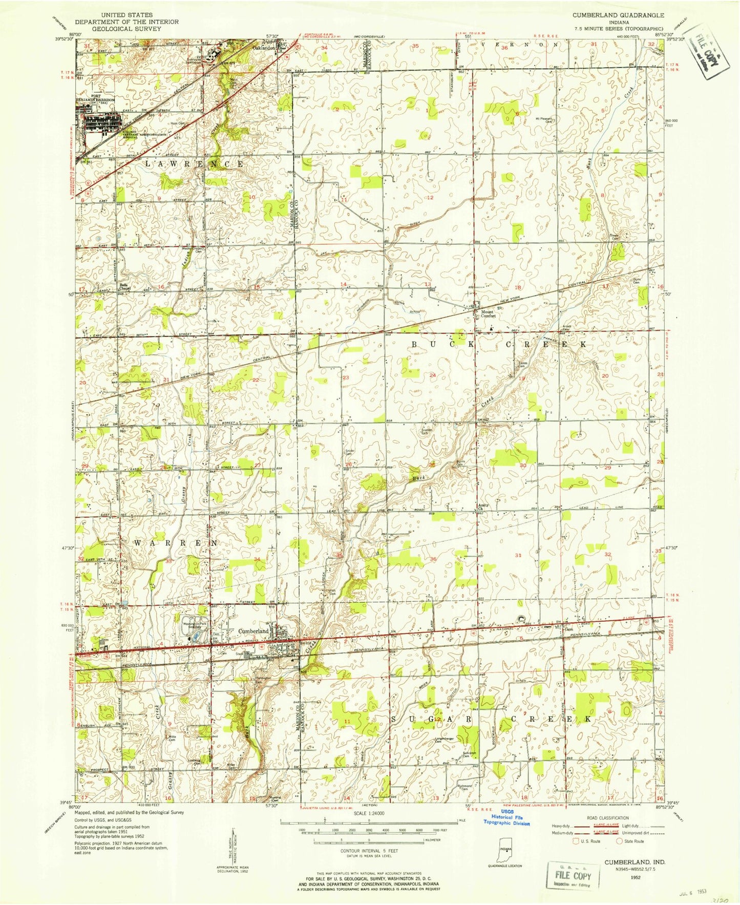Classic USGS Cumberland Indiana 7.5'x7.5' Topo Map Image