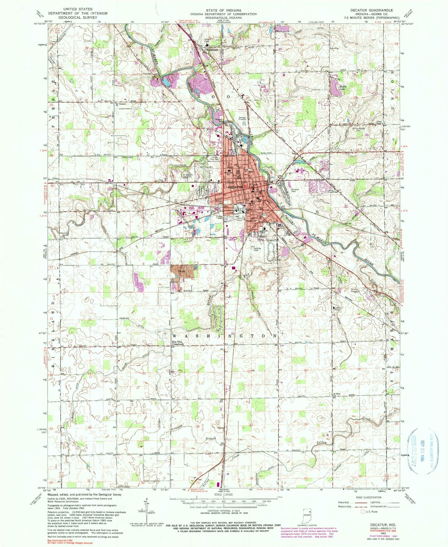 Classic USGS Decatur Indiana 7.5'x7.5' Topo Map Image