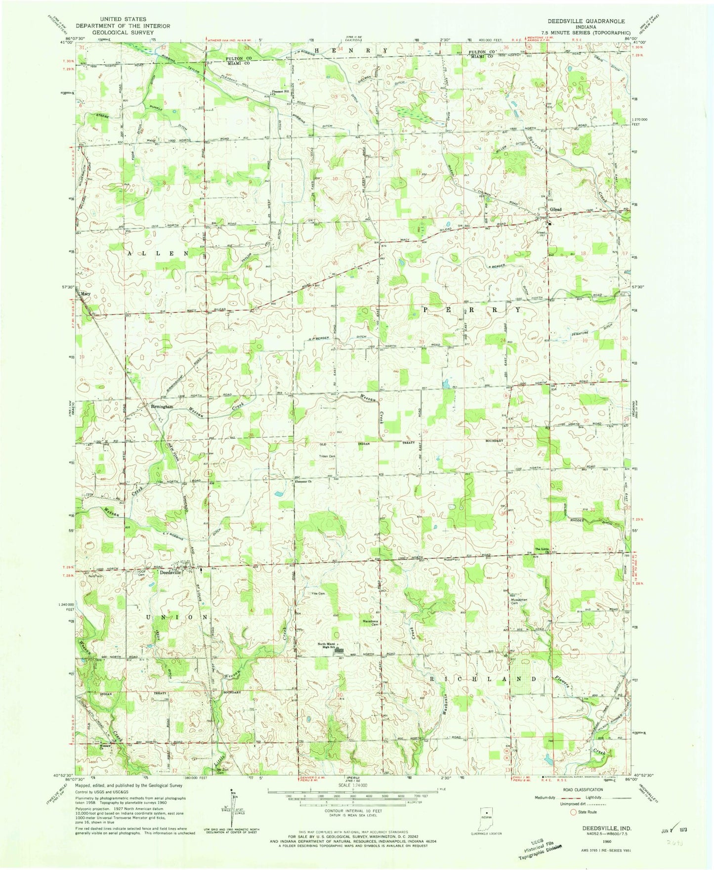 Classic USGS Deedsville Indiana 7.5'x7.5' Topo Map Image