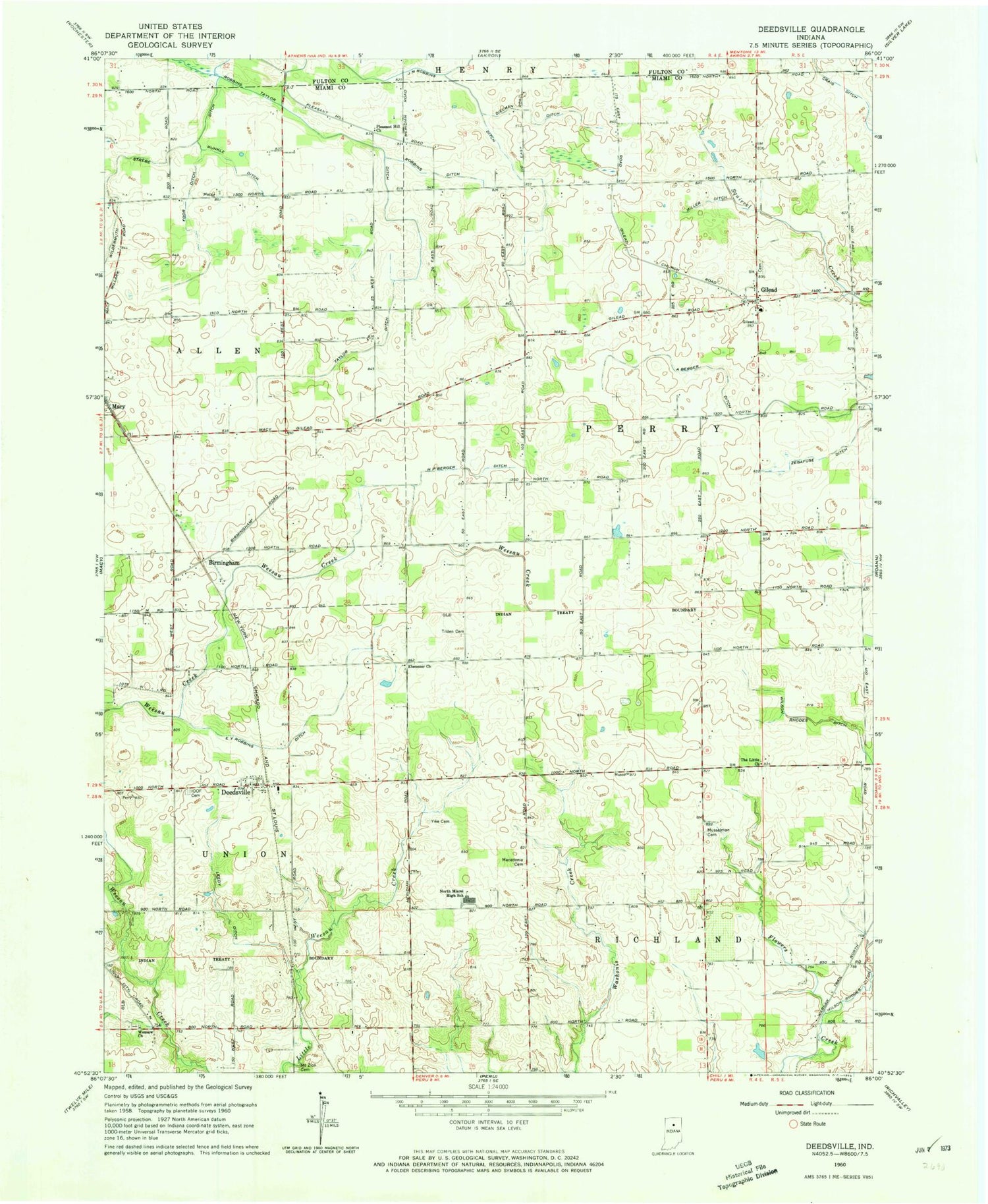 Classic USGS Deedsville Indiana 7.5'x7.5' Topo Map Image