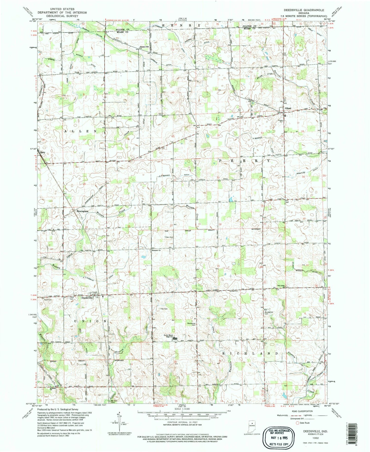 Classic USGS Deedsville Indiana 7.5'x7.5' Topo Map Image