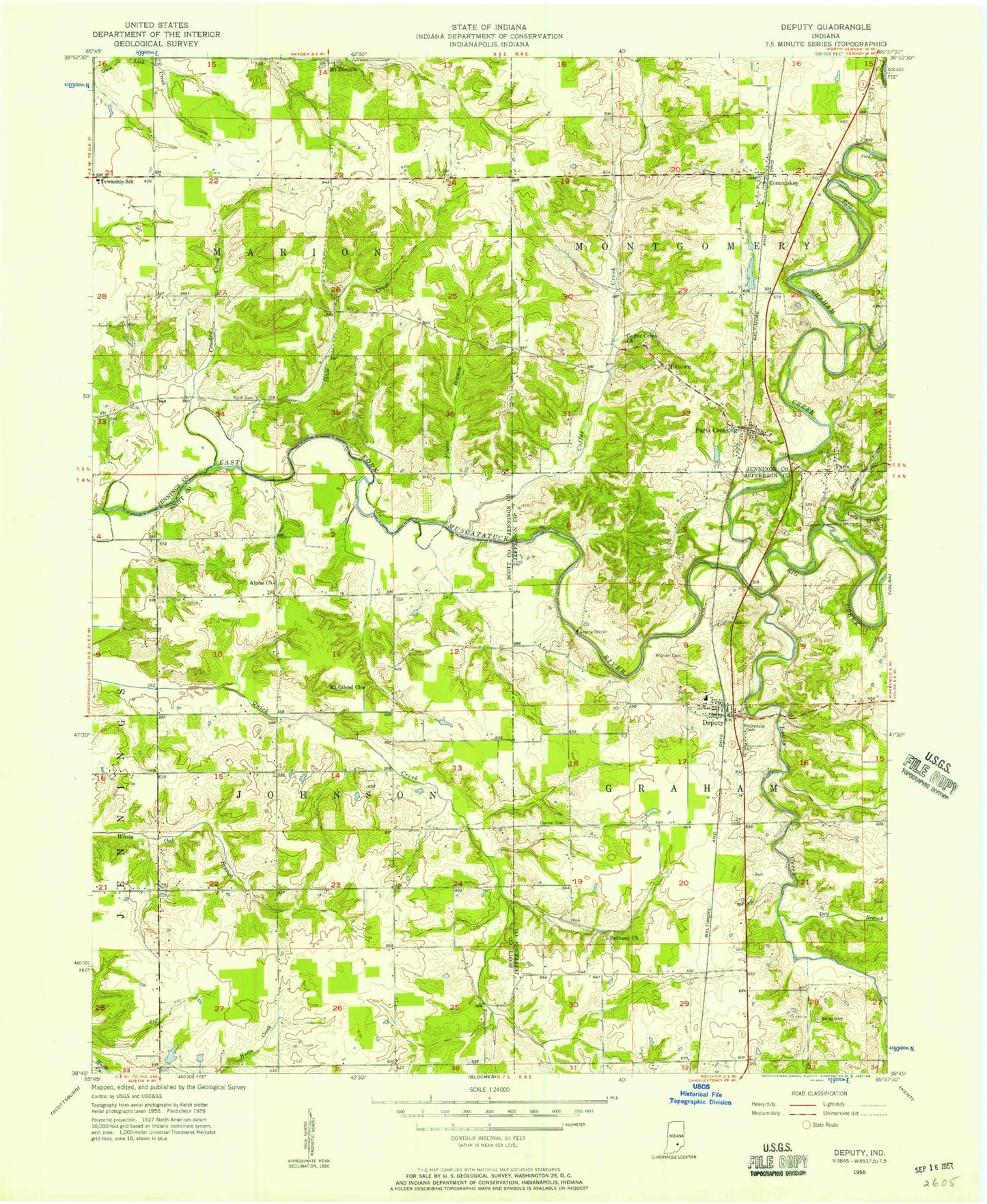 Classic USGS Deputy Indiana 7.5'x7.5' Topo Map Image