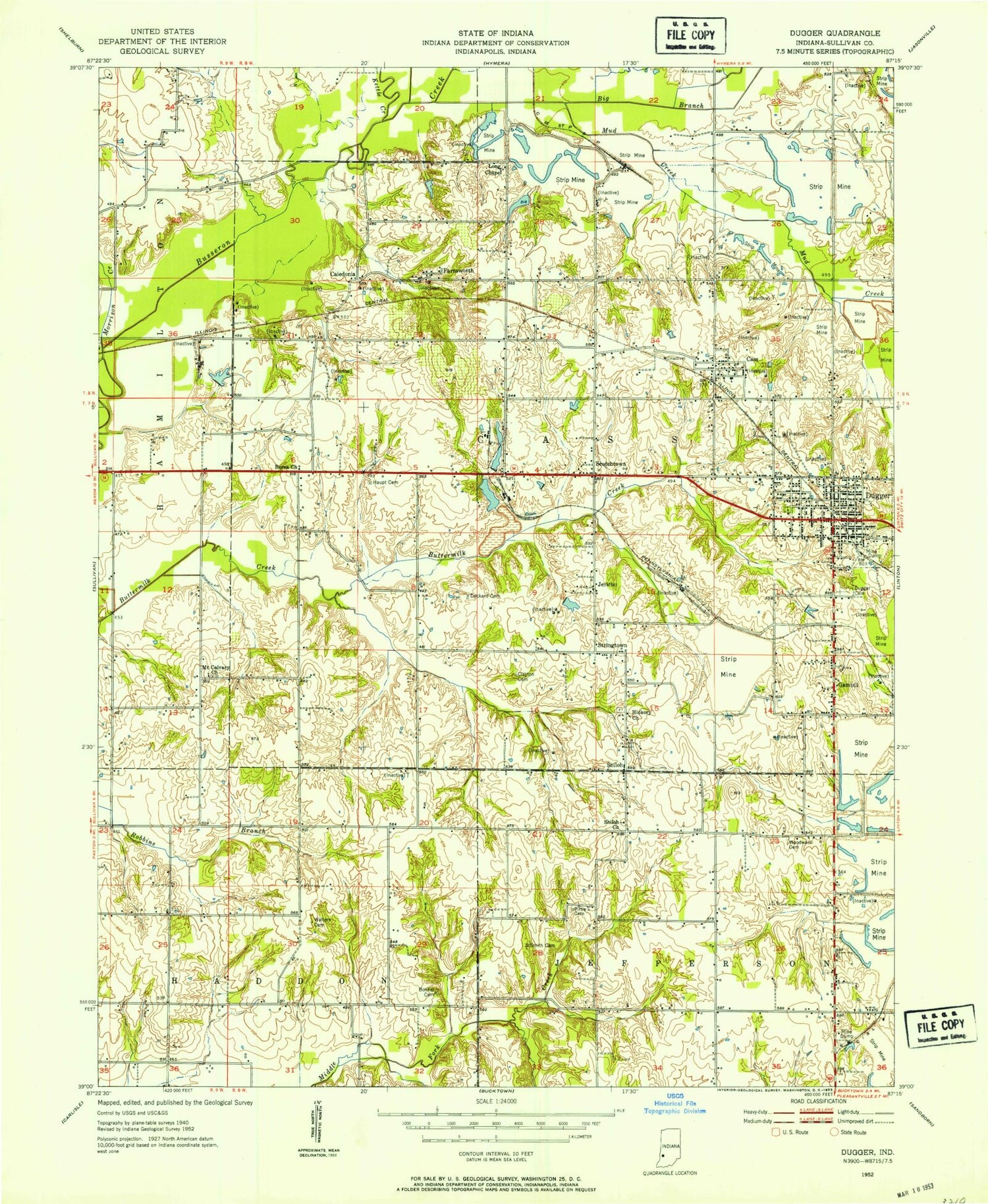 Classic USGS Dugger Indiana 7.5'x7.5' Topo Map Image