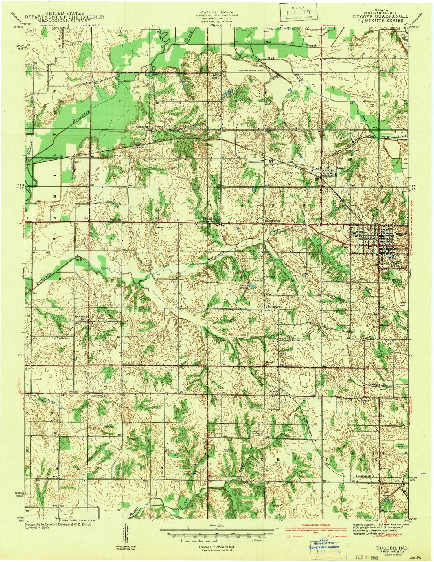 Classic USGS Dugger Indiana 7.5'x7.5' Topo Map Image