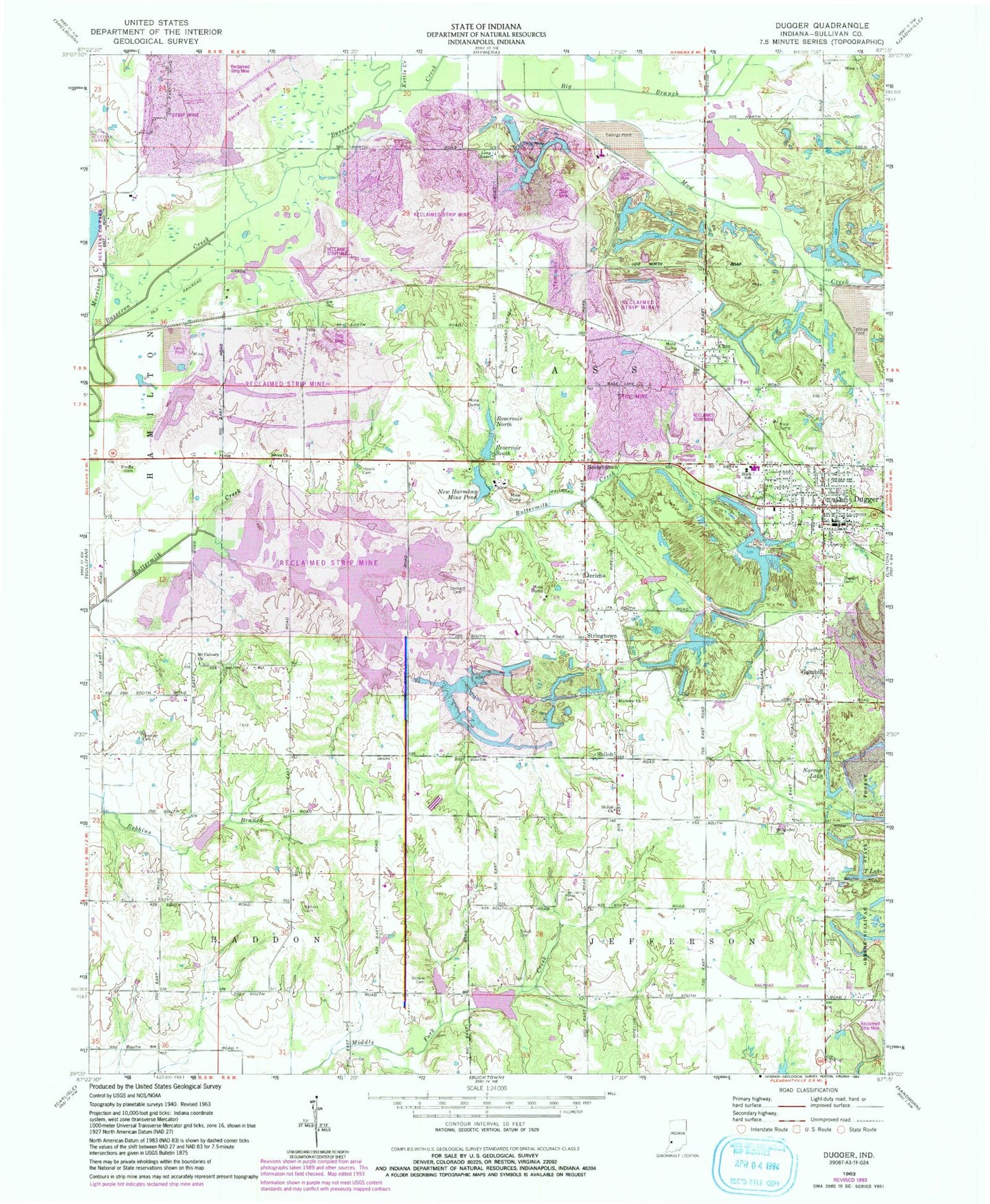 Classic USGS Dugger Indiana 7.5'x7.5' Topo Map Image