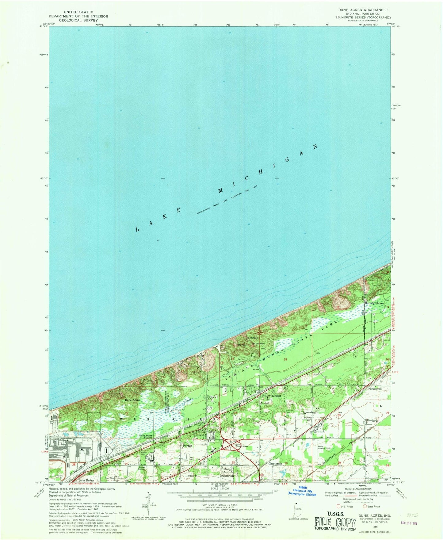 Classic USGS Dune Acres Indiana 7.5'x7.5' Topo Map Image