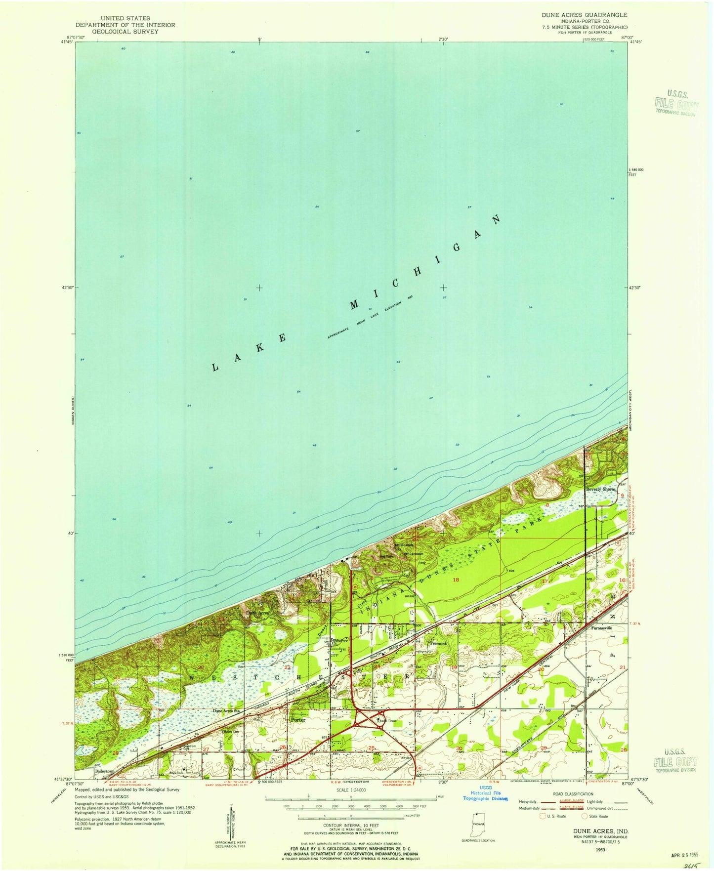 Classic USGS Dune Acres Indiana 7.5'x7.5' Topo Map Image