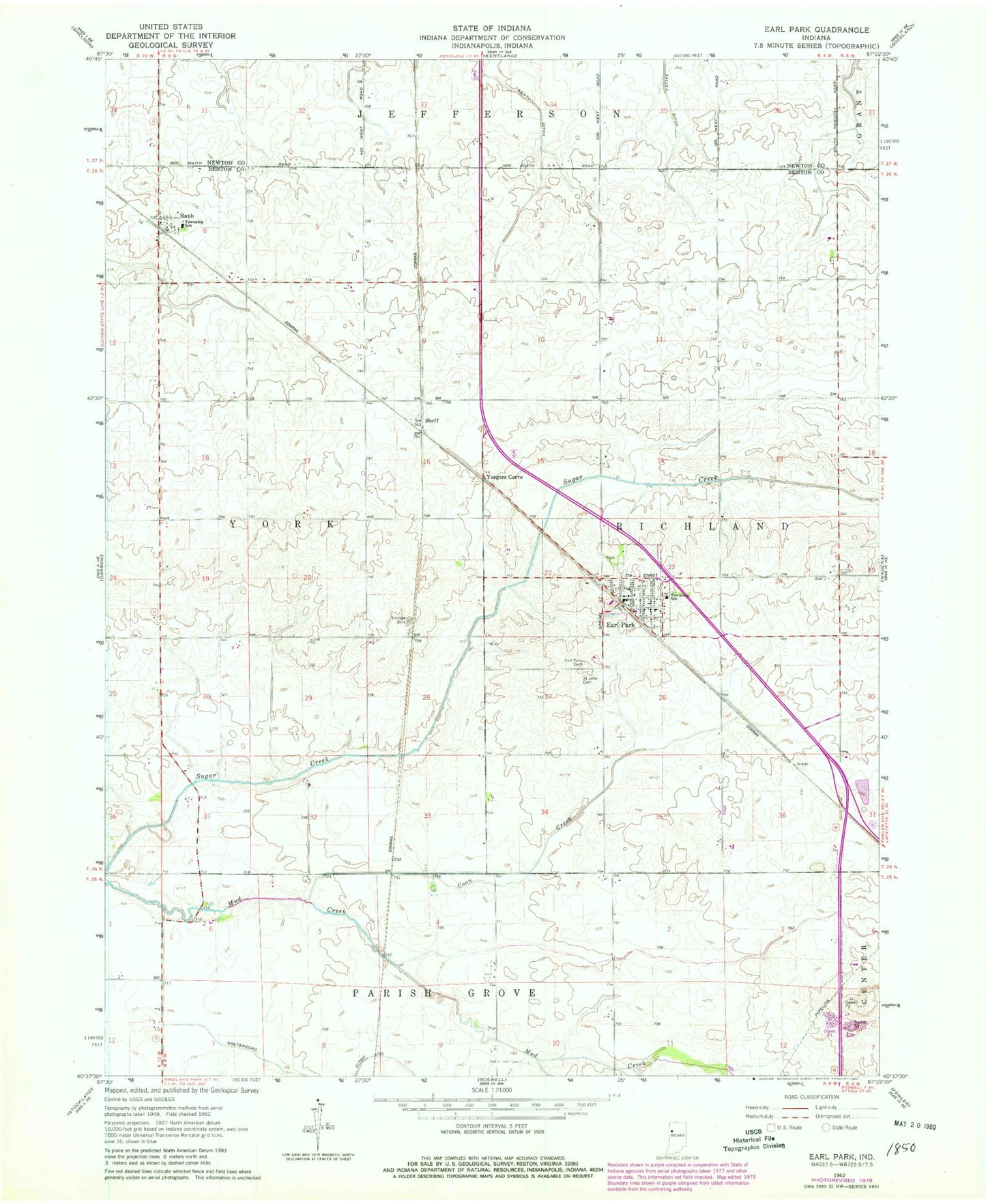 Classic USGS Earl Park Indiana 7.5'x7.5' Topo Map Image
