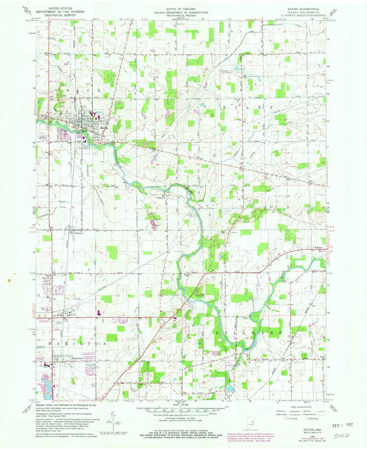 Classic USGS Eaton Indiana 7.5'x7.5' Topo Map Image